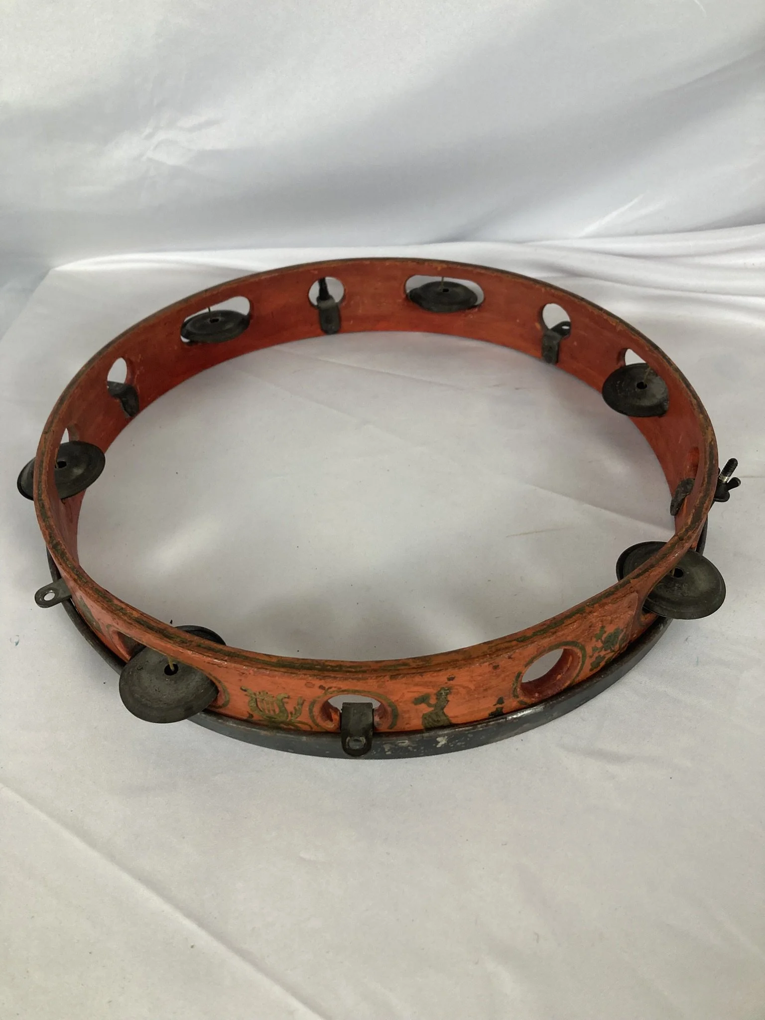 Antique French tambour de basque by Millereau of Paris, vermilion painted shell with gilt decoration