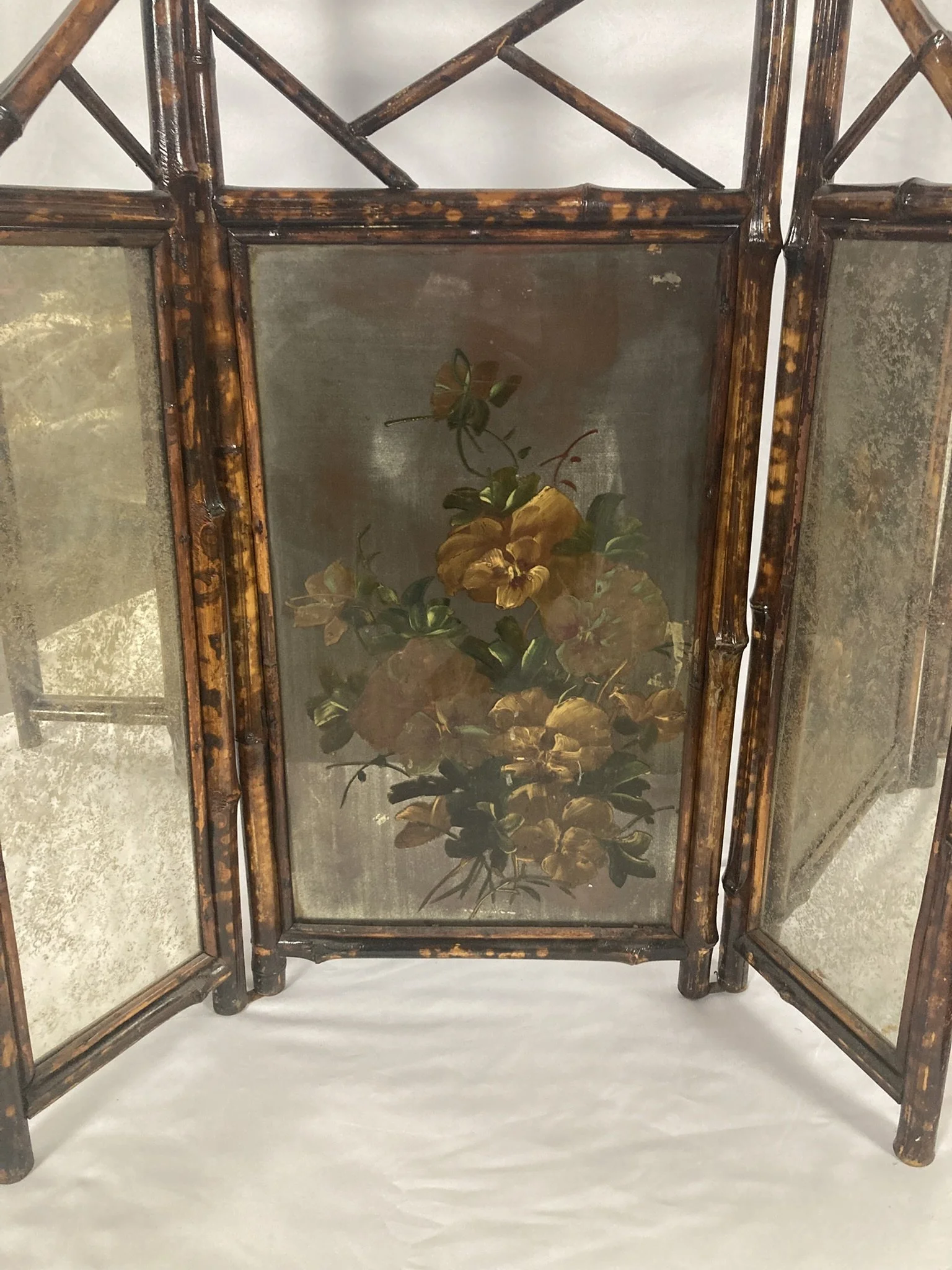 Antique Victorian Aesthetic Movement Bamboo Folding Fire Screen — Hand-Painted Panel