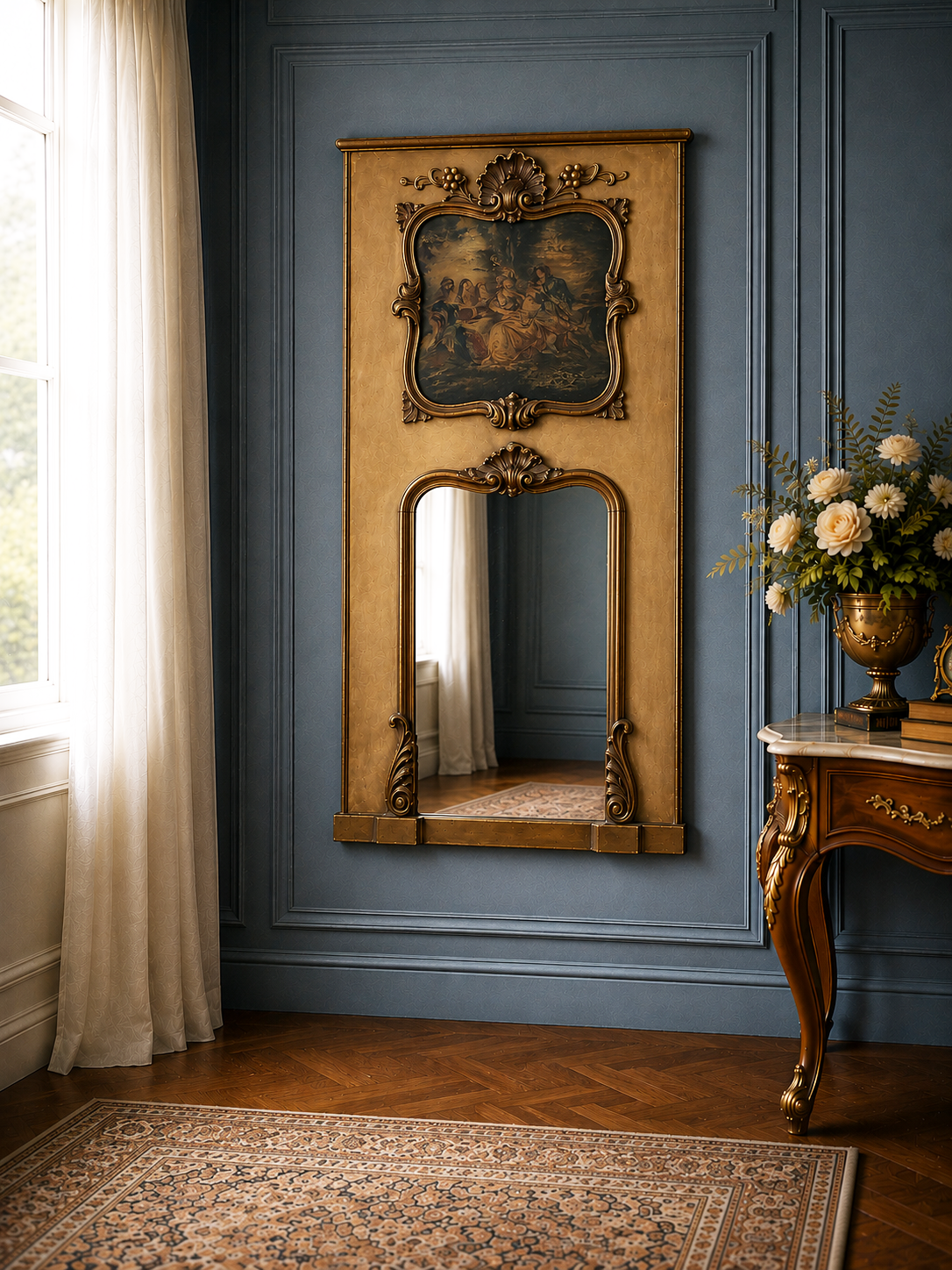 Antique French Trumeau Mirror with Oil Painting - 18th Century Style 67''x35''
