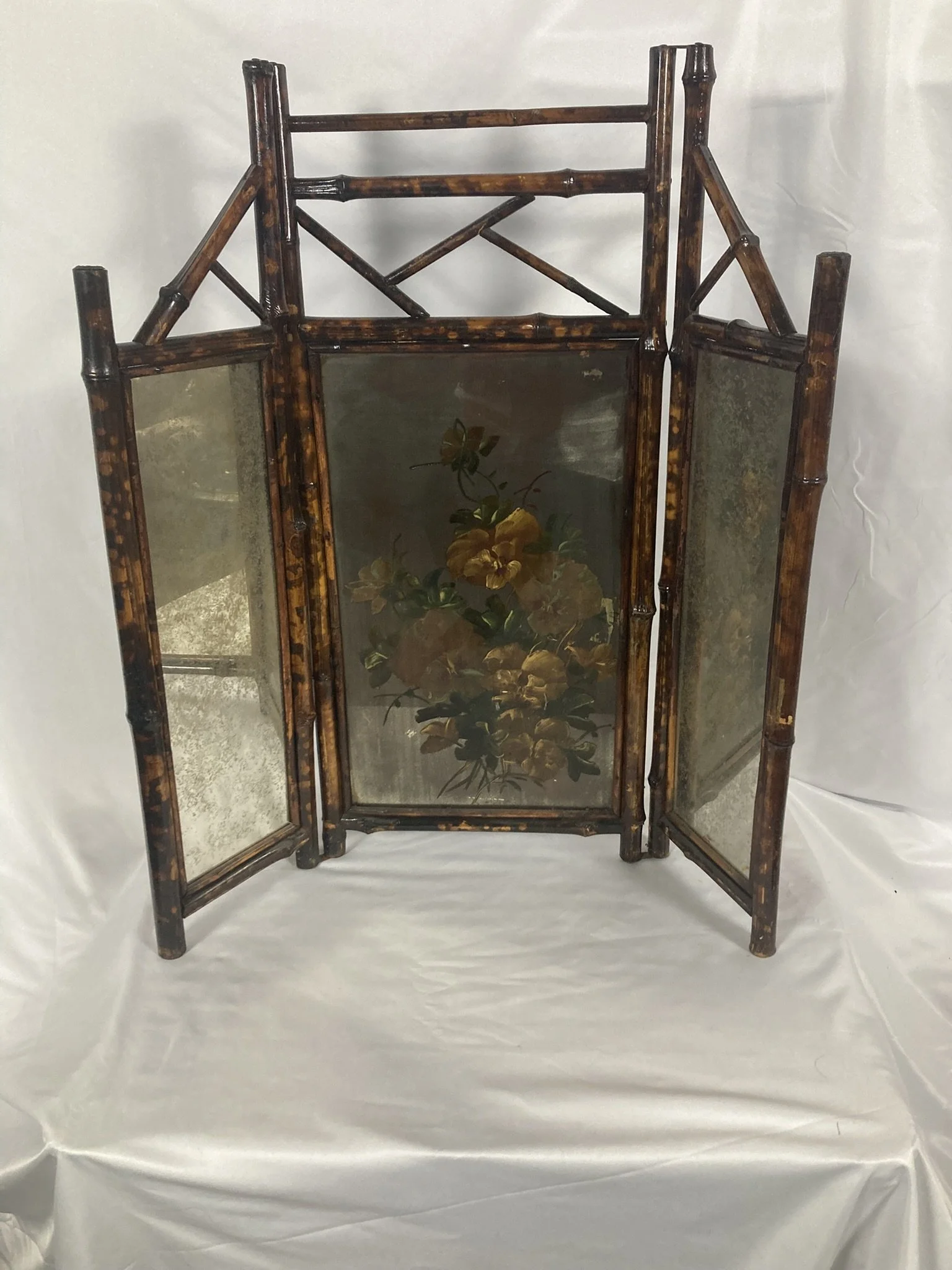 Antique Victorian Aesthetic Movement Bamboo Folding Fire Screen — Hand-Painted Panel