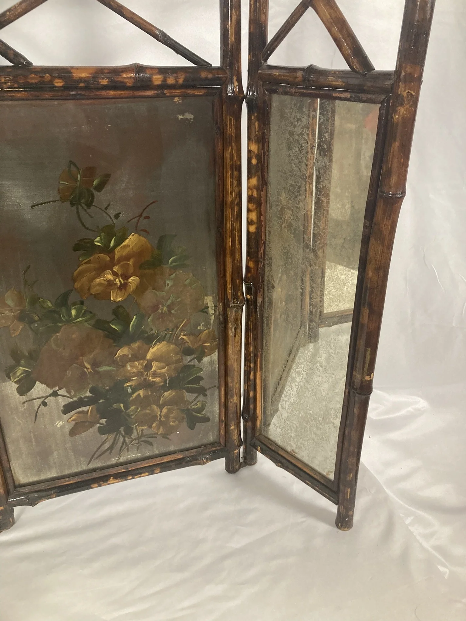 Antique Victorian Aesthetic Movement Bamboo Folding Fire Screen — Hand-Painted Panel