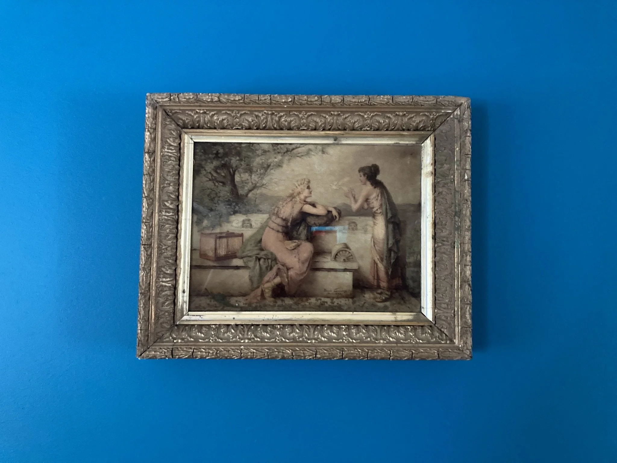 Diana Coomans Le Messager de l'Amour 1890 signed reverse glass oil painting in period gilt frame, Academic Romantic school | jacobtrudaine.com