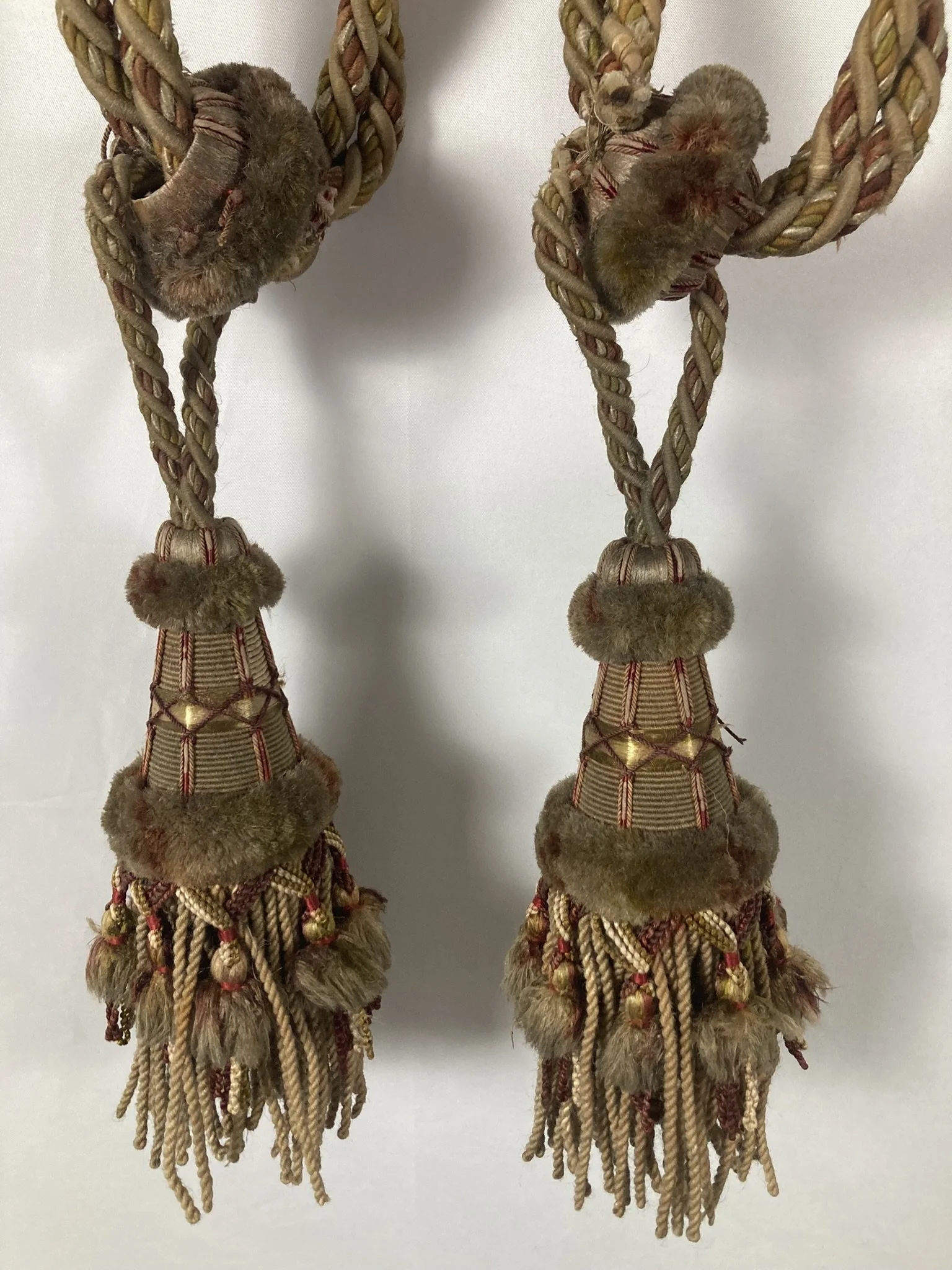 Pair of French Chateau Passementerie Curtain Tiebacks with Velvet Ruffs and Gold Lattice