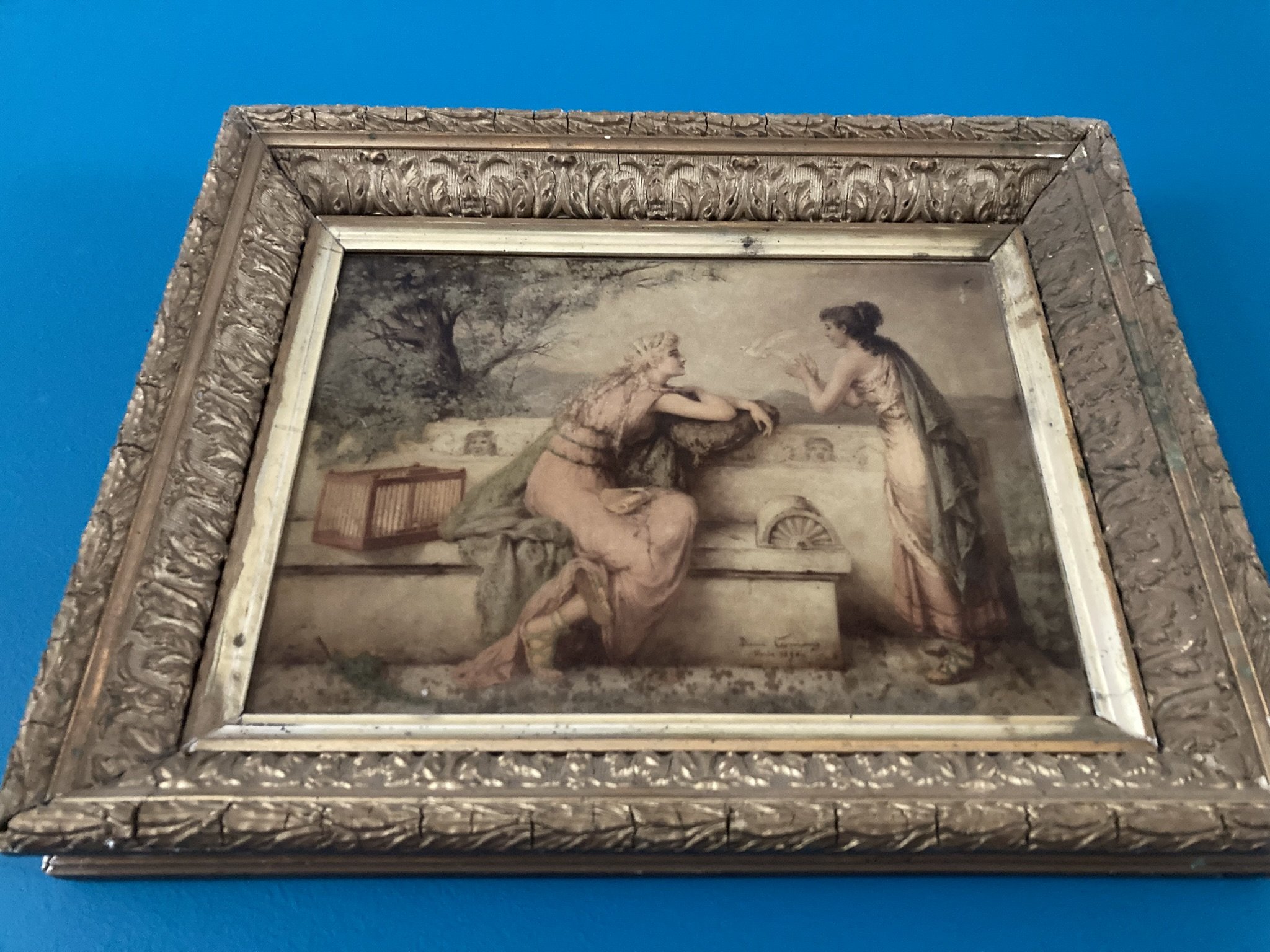 Diana Coomans Le Messager de l'Amour 1890 signed reverse glass oil painting in period gilt frame, Academic Romantic school | jacobtrudaine.com