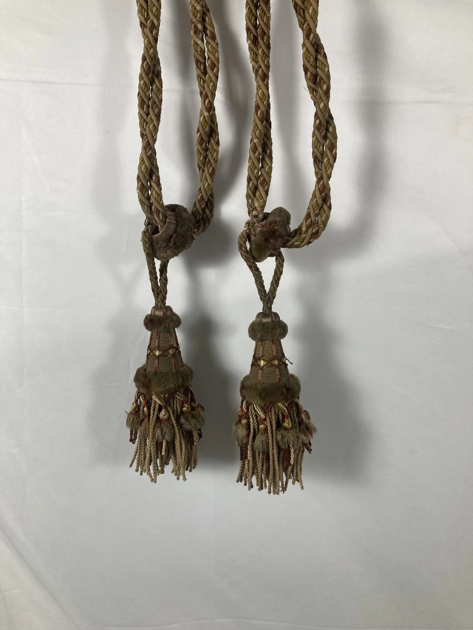 Pair of French Chateau Passementerie Curtain Tiebacks with Velvet Ruffs and Gold Lattice