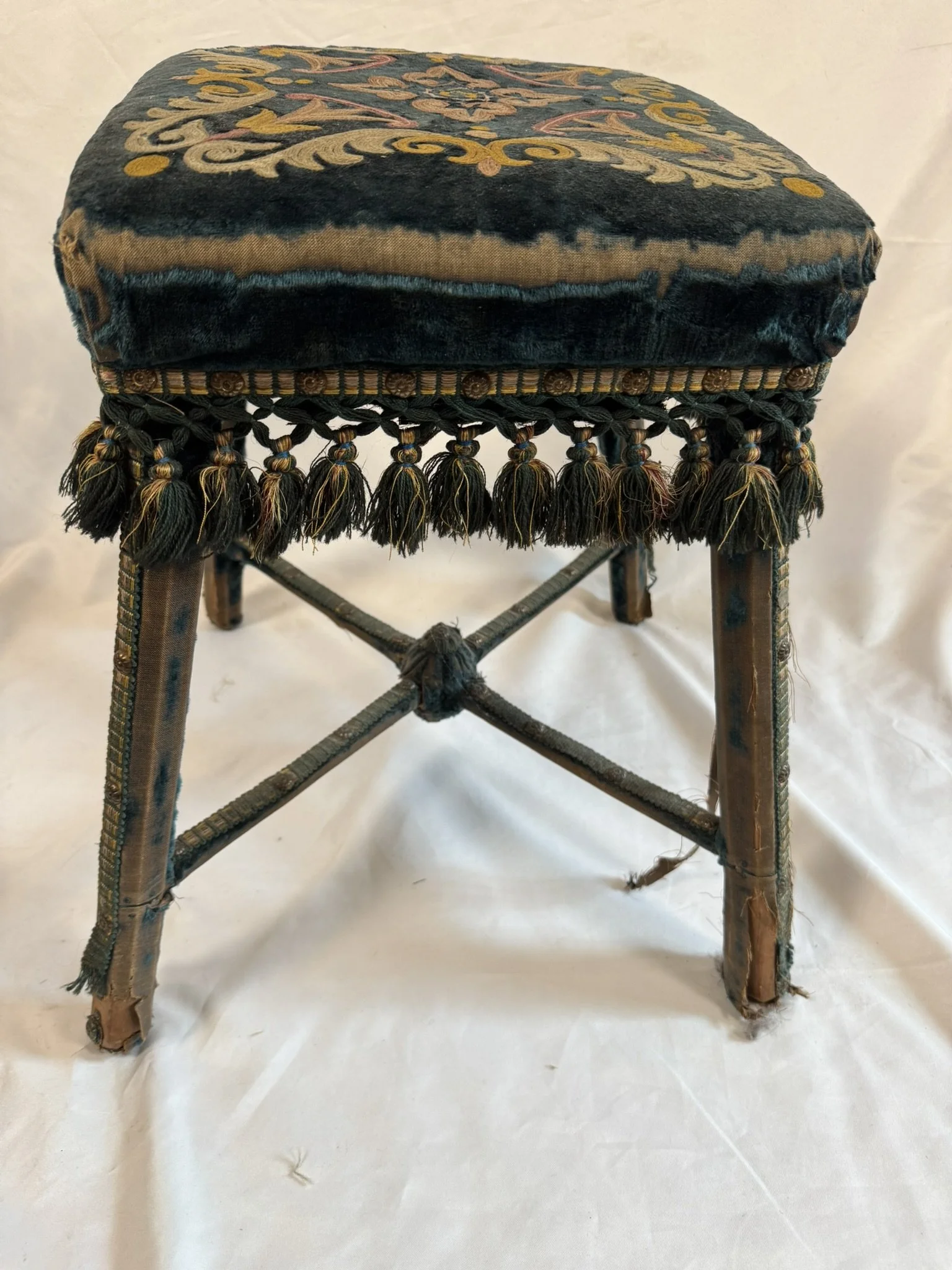Napoleon III Style Upholstered Stool Blue Velvet Embroidered Tassel Fringe