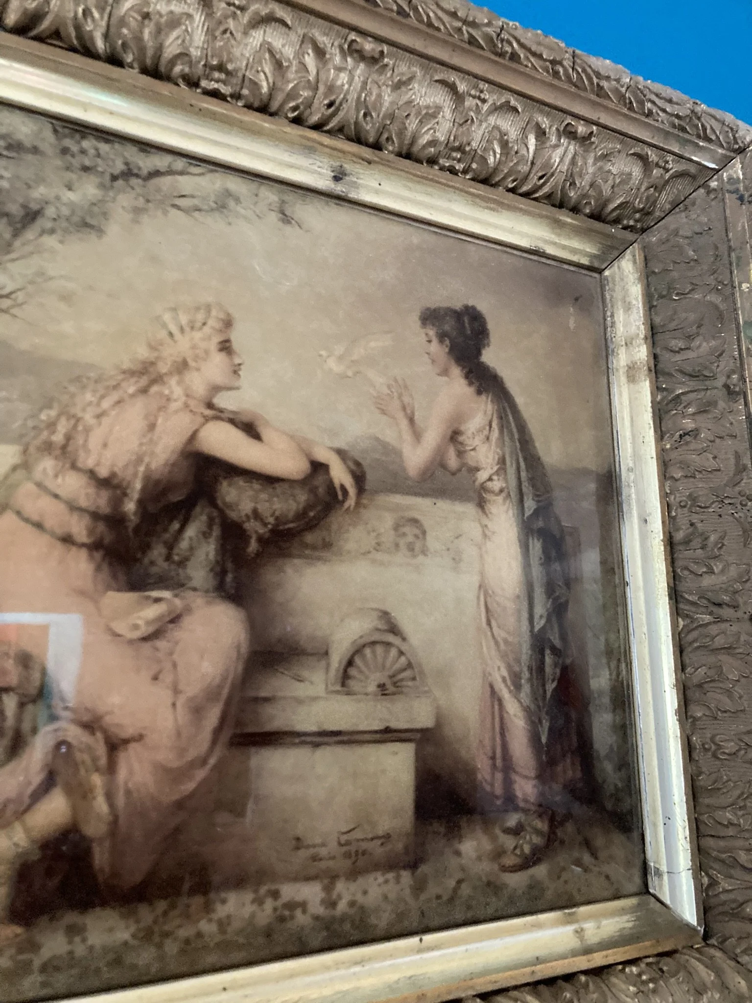 Diana Coomans Le Messager de l'Amour 1890 signed reverse glass oil painting in period gilt frame, Academic Romantic school | jacobtrudaine.com