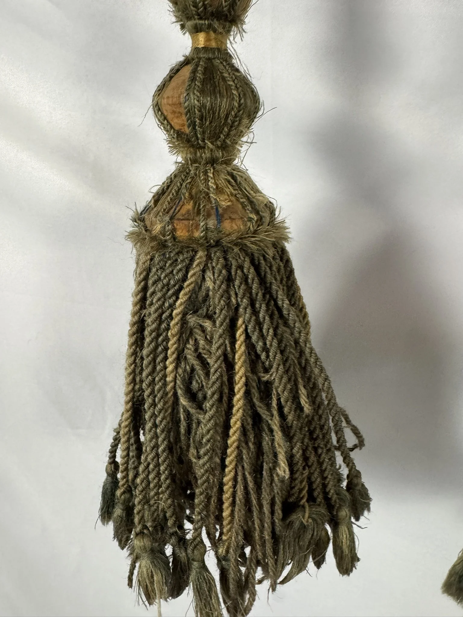 Pair of antique French sage green and gold silk passementerie tassel tiebacks, château find, 19th century