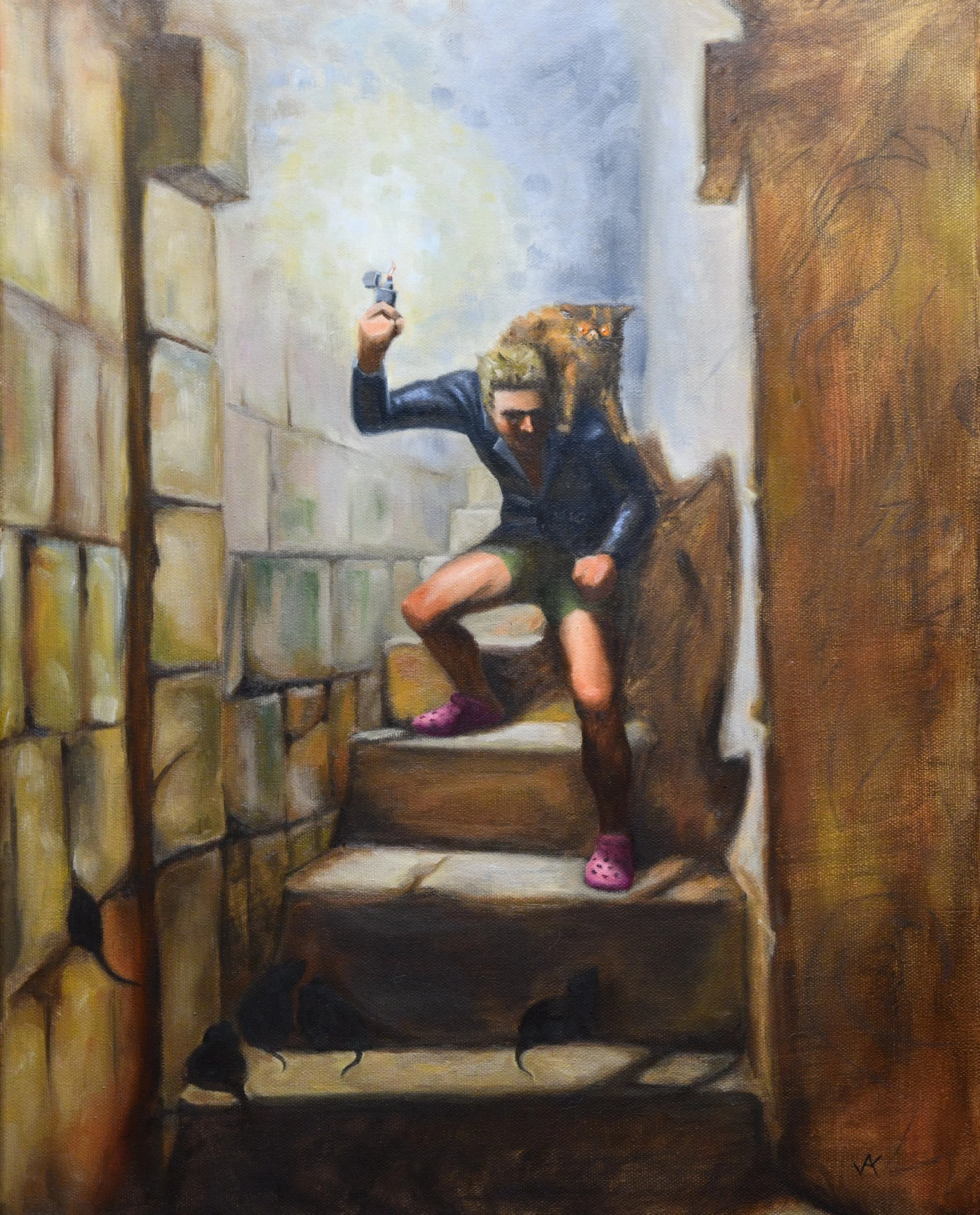 Carl entering the dungeons from Dungeon Crawler Carl series heavily inspired by N.C. Wyeth's "We Must Be in the Dungeons, Dick Remarked".