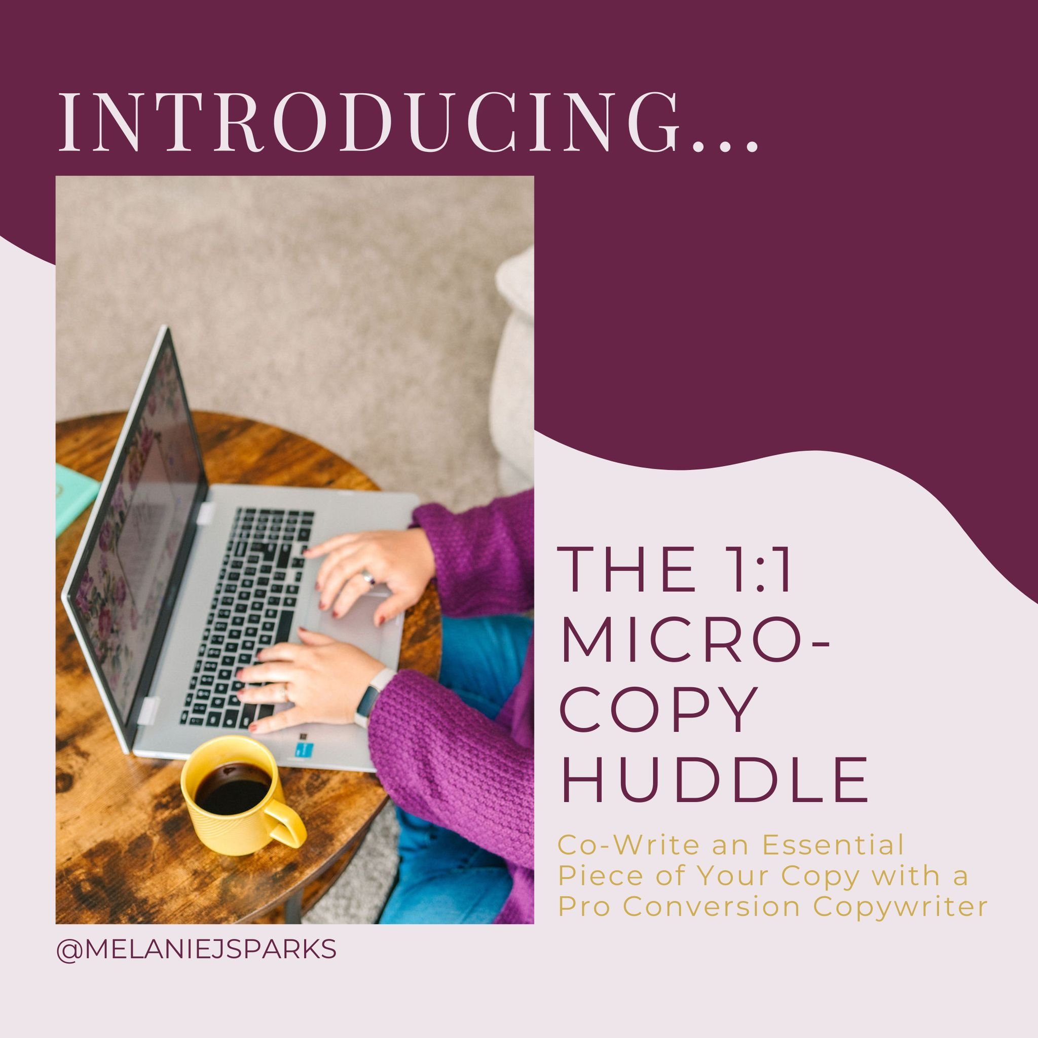 👉Does your About page need a makeover?
👉Need help with an email about a sticky situation? 
👉 Want to nail a sales email or hash out a section of your sales page?

Introducing the 1:1 Micro-Copy Huddle 👀 - &gt; Co-Write an Essential Piece of Your 
