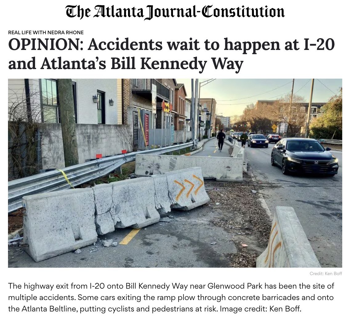 Thanks to Nedra Rhone at the AJC for writing about these frustratingly-constant collisions where cars fly off the I-20 exit ramp into Bill Kennedy Way and the Beltline path.

According to the (paywalled) article, GDOT's own analysis has found that mo