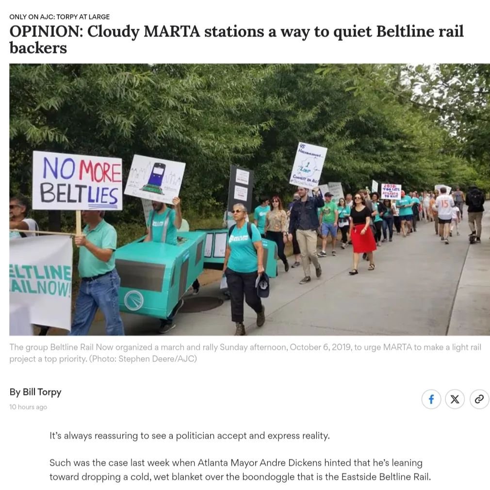 We definitely disagree with Bill Torpy on whether or not Beltline rail should be built (he doesn't want it), but we do at least have some common ground, as evidenced in this quote from his new AJC column:

---

&quot;I called Matthew Garbett, co-foun