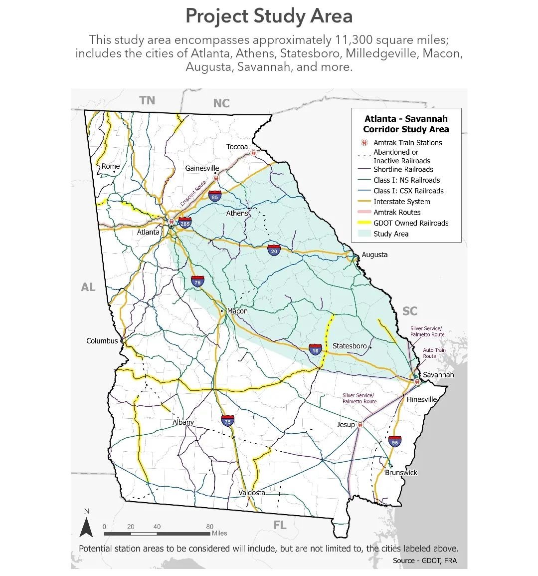 Did you know that the Federal Railroad Administration has funded a GDOT-led study of a new passenger rail line from Atlanta to Savannah? A rail line here would be a boon not just for ATL and SAV, but for a lot of smaller cities in between. Imagine ge