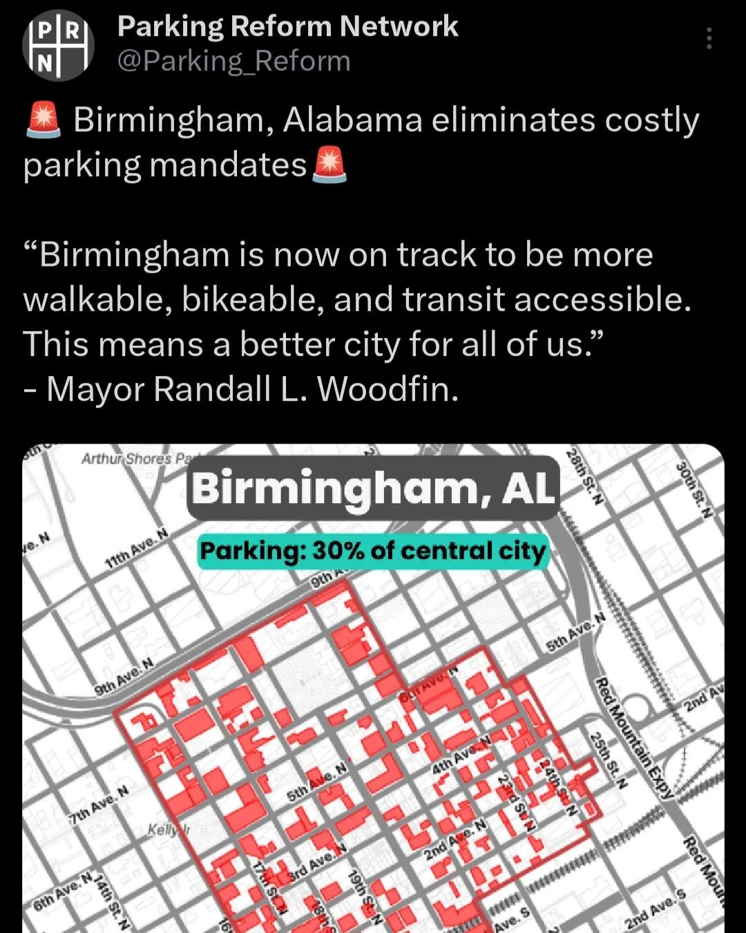 Hopefully Atlanta can be as progressive as Birmingham, Alabama is some day! 

Congratulations to Birmingham for eliminating all parking minimums city-wide. 🙌 

This is the kind of progress that cities do best. Unfortunately we've still got one foot 