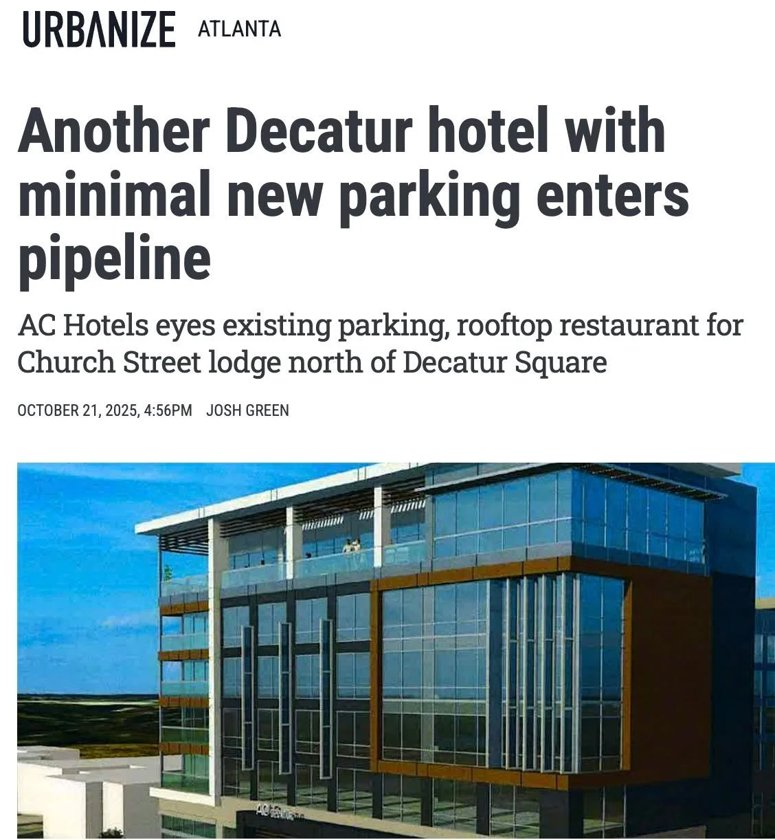 Nice! A new hotel in Decatur will be the second one to provide low-or-no new parking spaces, while sharing parking capacity with an existing deck. 

It may seem like a small step in the urbanism of Decatur, but this trend is seriously good news for u