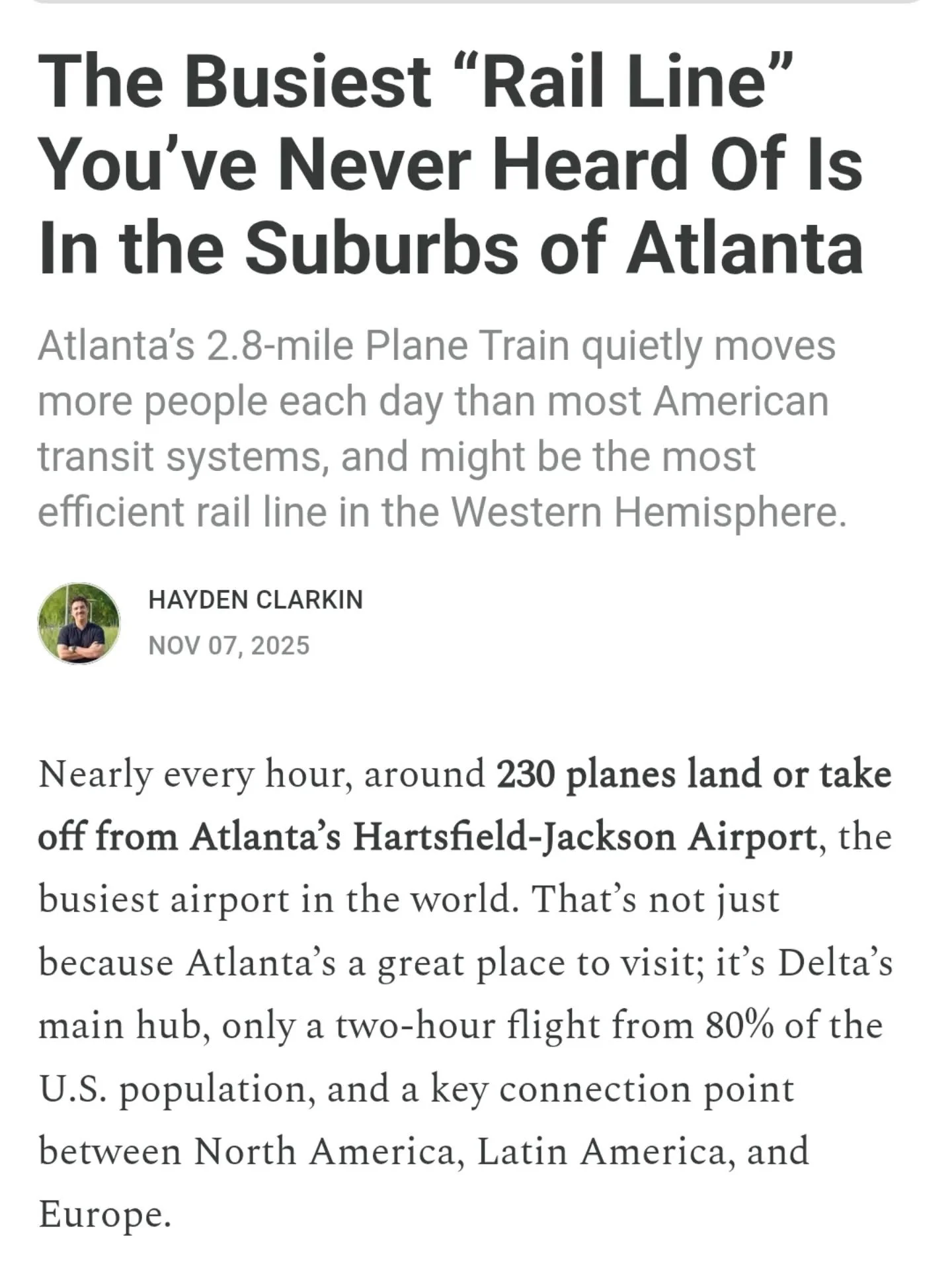 @thetransitguy has an excellent post about the success of the Plane Train inside Atlanta's airport. This is the train system that takes passengers to and from terminals. 

Stats from the post:

&gt; If the Atlanta Plane Train were its own transit age