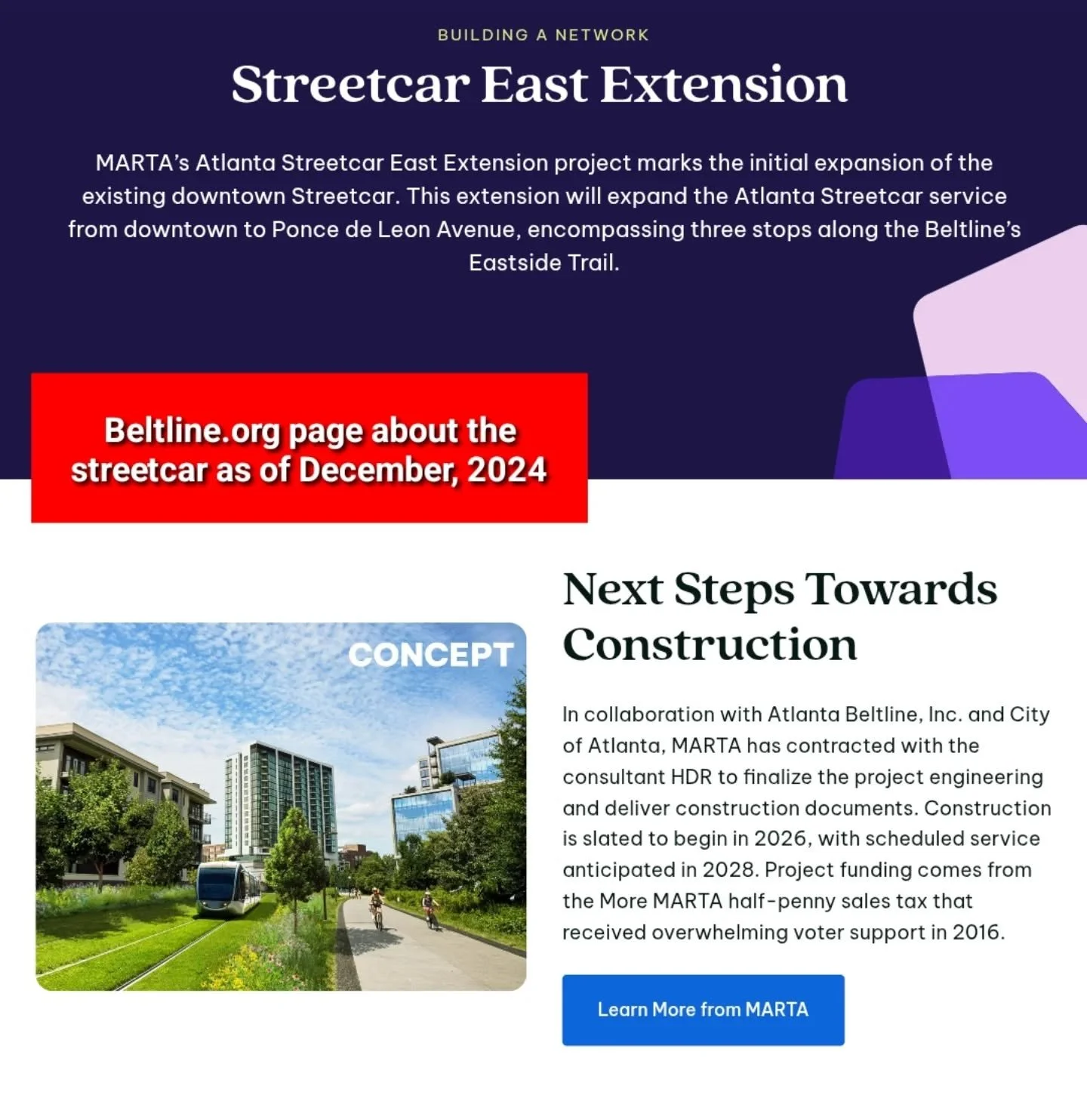 As of December, 2024, the Beltline.org page about the Streetcar East Extension had content supporting the approved plan for putting rail on the Beltline. 

But as of April, 2025, the image and text had been edited so that the streetcar extension was 