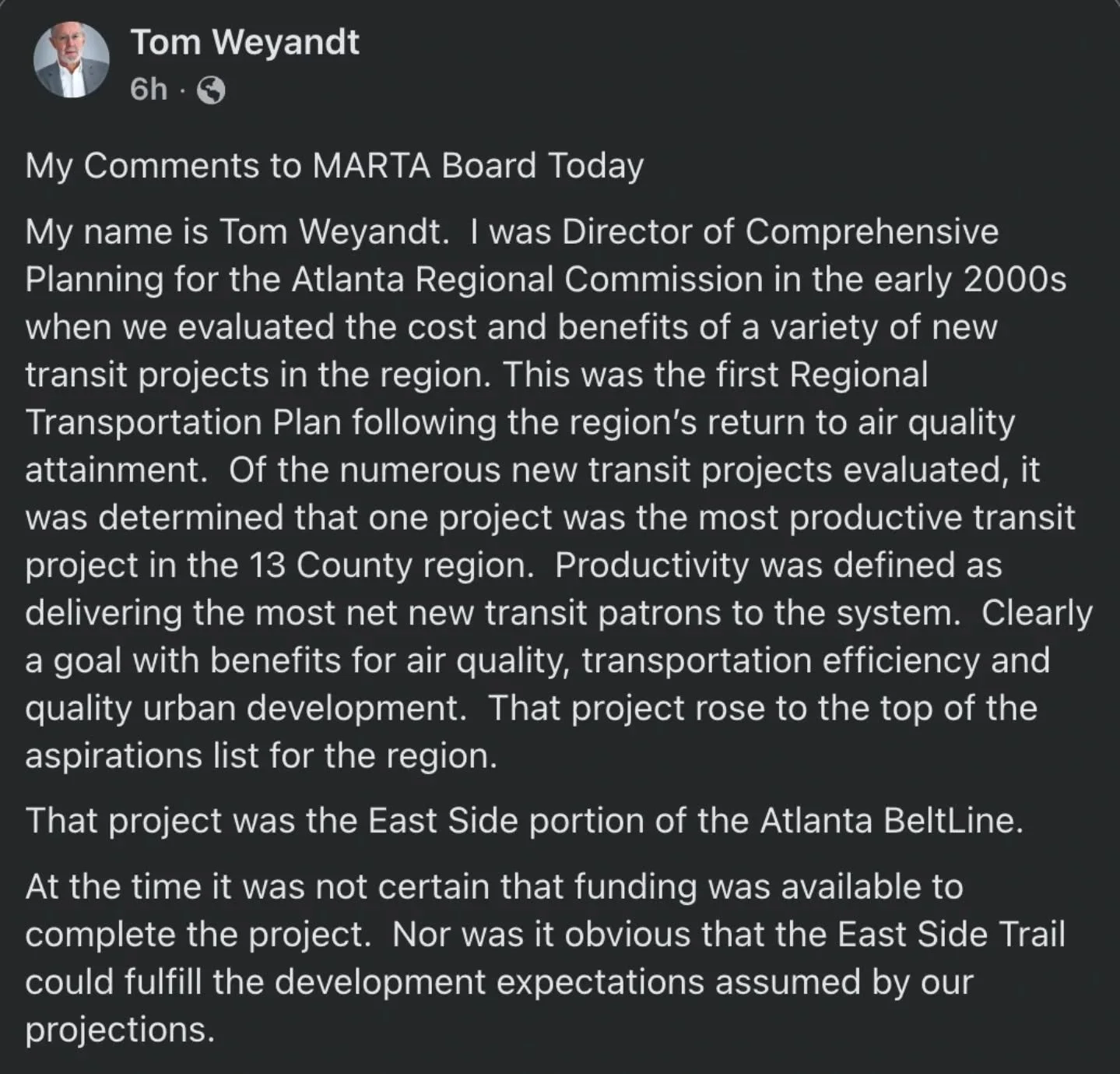 Longtime Atlanta planning pro Tom Weyandt shares a wonderful statement about the broken promise of rail on the Eastside Beltline and how it needs to be honored! 

He spoke these words to the MARTA Board today.

One highlight: 
"The voters approv