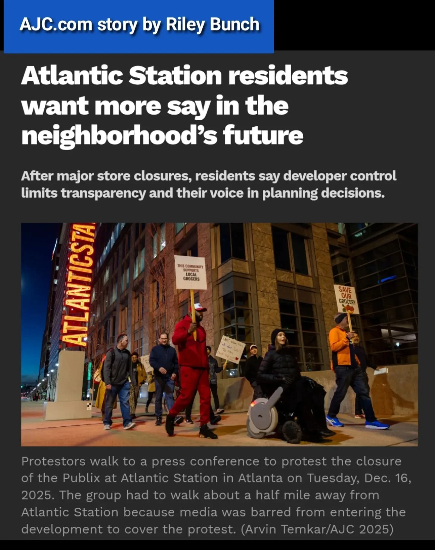 Atlantic Station residents' frustrations with the closure of Publix are captured in a new @ajcnews article by Riley Bunch.

74-year-old Pamela Mitchell says she moved to Atlantic Station specifically because she wanted to live in a walkable community