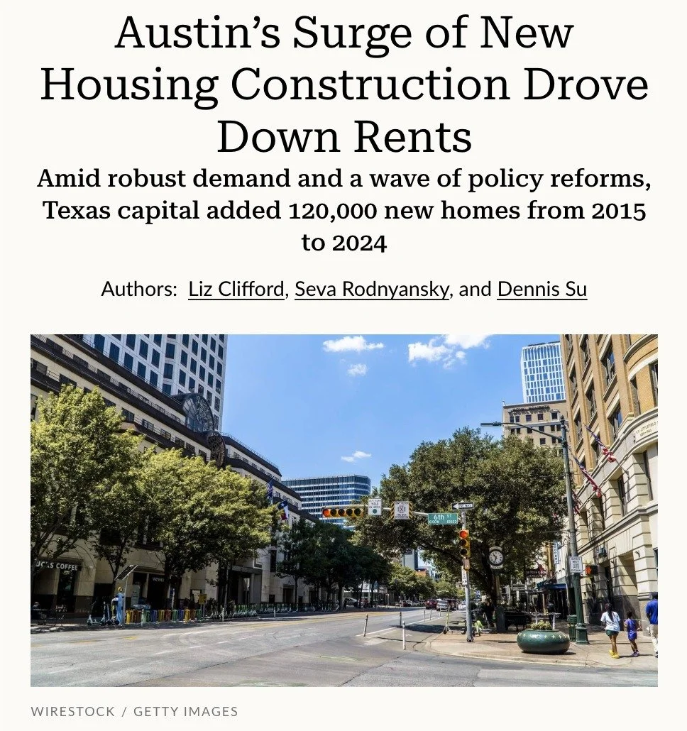 The high costs of rents came down in Austin, TX after the city made three key policy changes: they tweaked their zoning to allow large apartment buildings near jobs and transit; they used a $250 million bond measure to repair affordable housing; and 