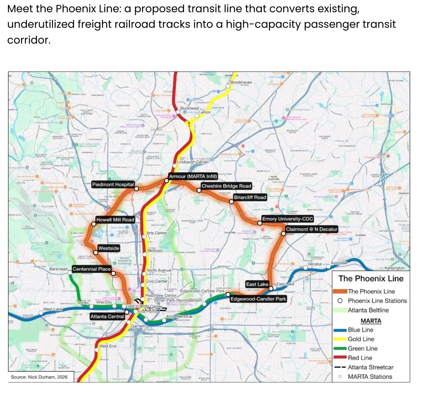 Meet the Phoenix Line: a proposed rail transit line that converts existing, underutilized freight tracks into a high-capacity passenger transit corridor for Atlanta. Thanks much to Nick Durham for sharing this fascinating concept through a new guest 