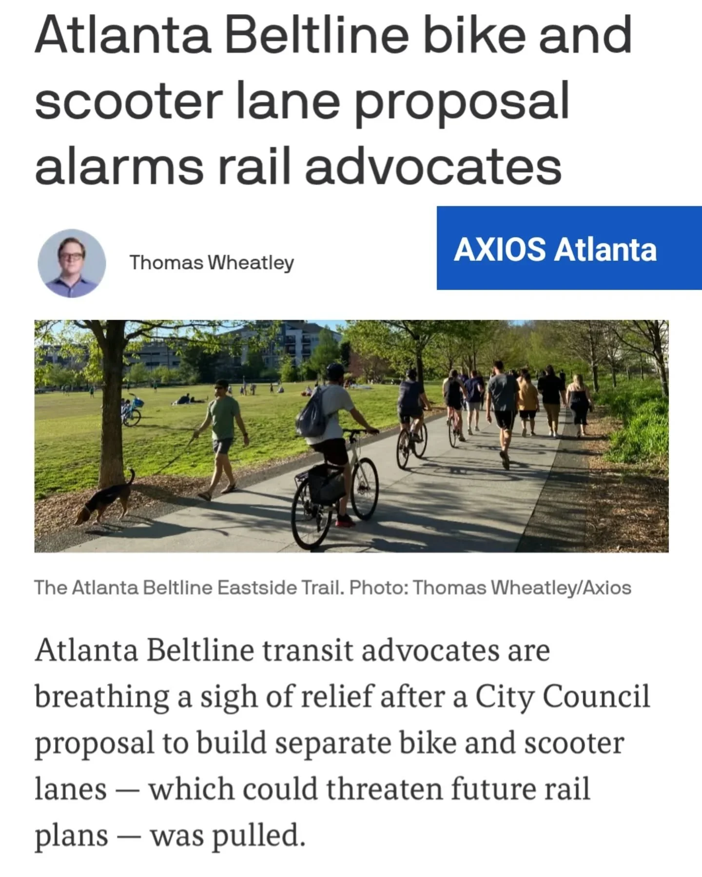 Good news: Axios Atlanta reports that Councilmember Mary Norwood has pulled her proposal to build separate bike and scooter lanes on the Atlanta Beltline &mdash; which could threaten future rail plans.

"The proposal was a temperature check on h