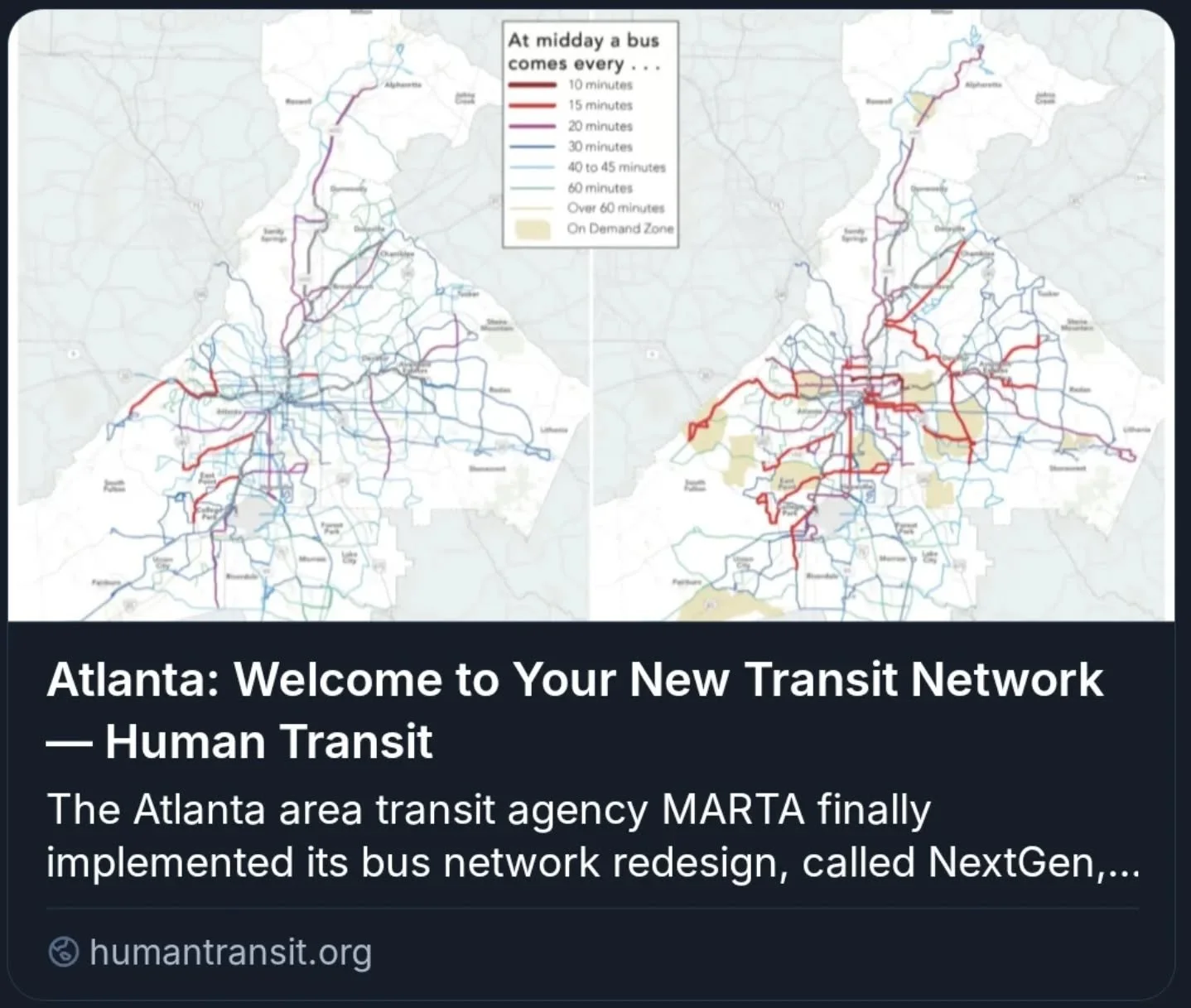 Jarrett Walker has a new blog post describing some of the difficult decisions his company had to make when designing MARTA's new bus routes (Walker and Associates was hired for the design work). 

One passage explores the problematic, car-centric str