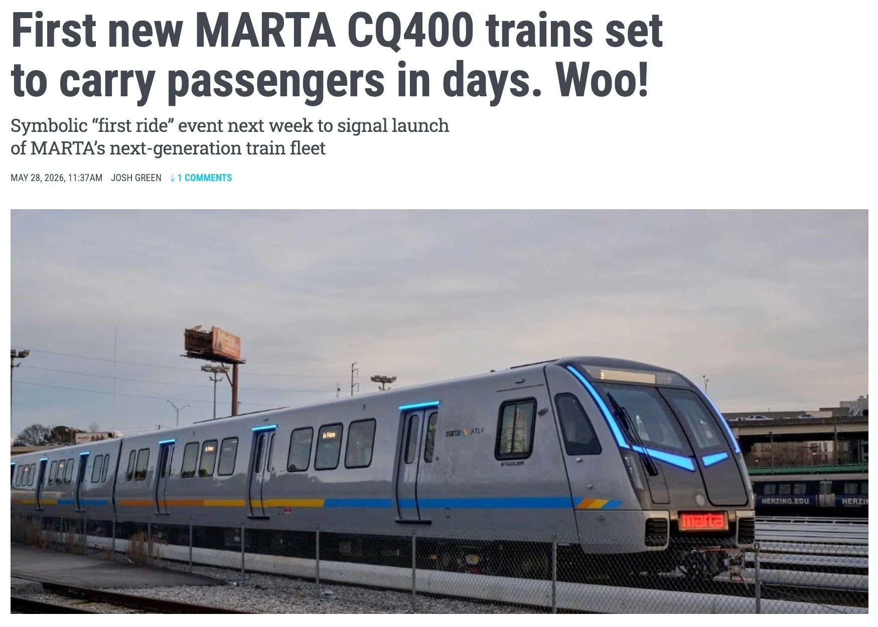 Urbanize Atlanta reports that several of MARTA's new CQ400 railcars will launch revenue service for the general public on Thursday of next week. This follows yesterday's AJC report about the long delays on the launch.

https://atlanta.urbanize.city/p