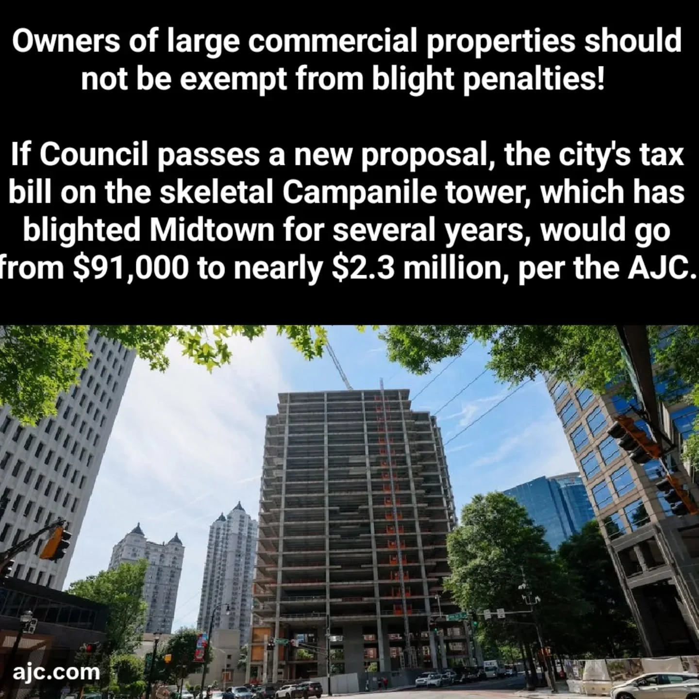Owners of large commercial properties should not be exempt from blight penalties! 

If Council passes a new proposal submitted by Kelsea Bond, the city's tax bill on the Campanile tower (which has blighted Midtown for years) would go from $91,000 to 