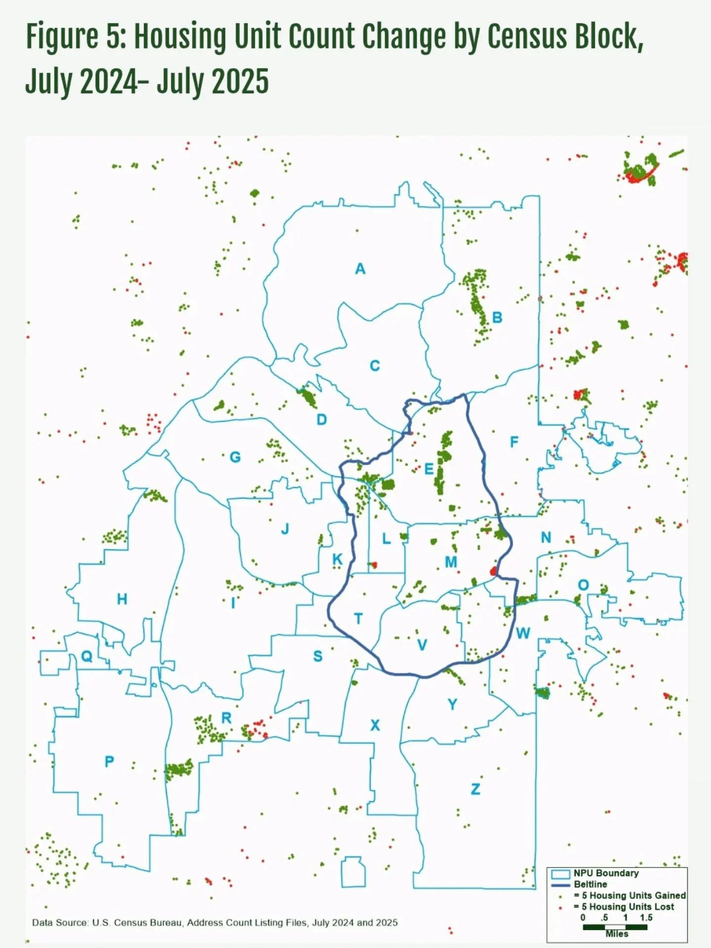 Check out this map of where new housing is going in Atlanta over the last couple of years, from the ARC blog. The green dots (which represent 5 housing units per dot) are randomly generated within the census block where the growth happened. 

This da