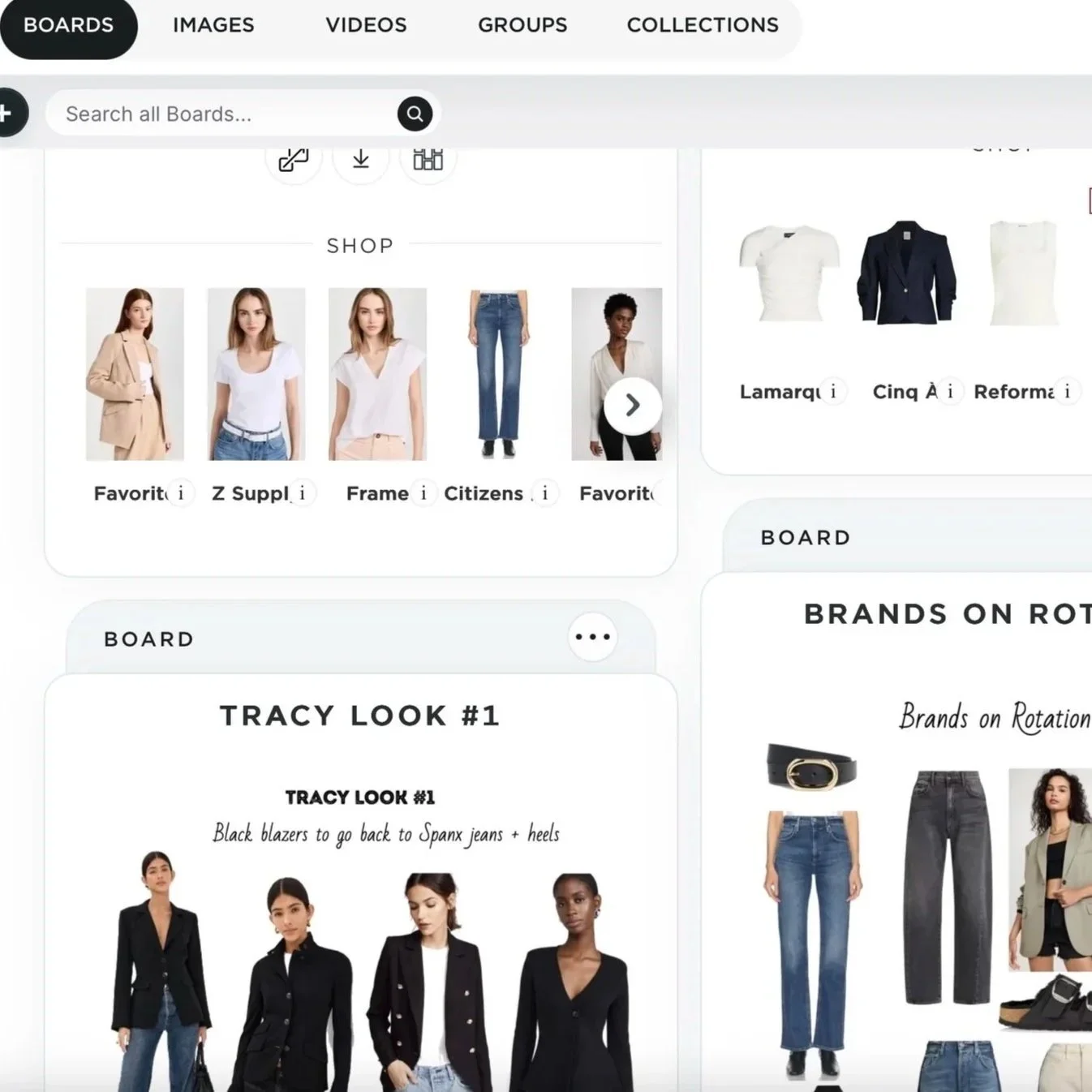 Screenshot of an online shopping website featuring fashion clothing and accessories, including images of women in black blazers and jeans, and various items on display.