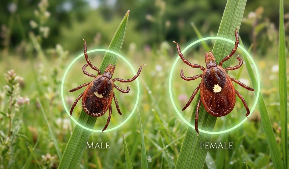 Image of two ticks the male and female on a blade of grass