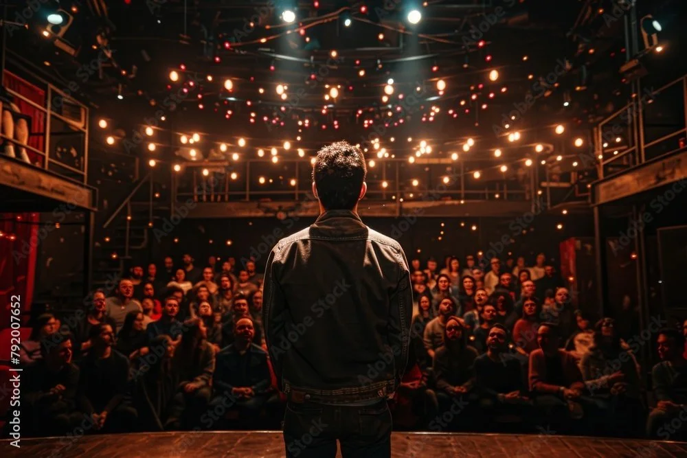 Man on stage facing audience in comedy club or performance venue with warm lighting and hanging bulbs.