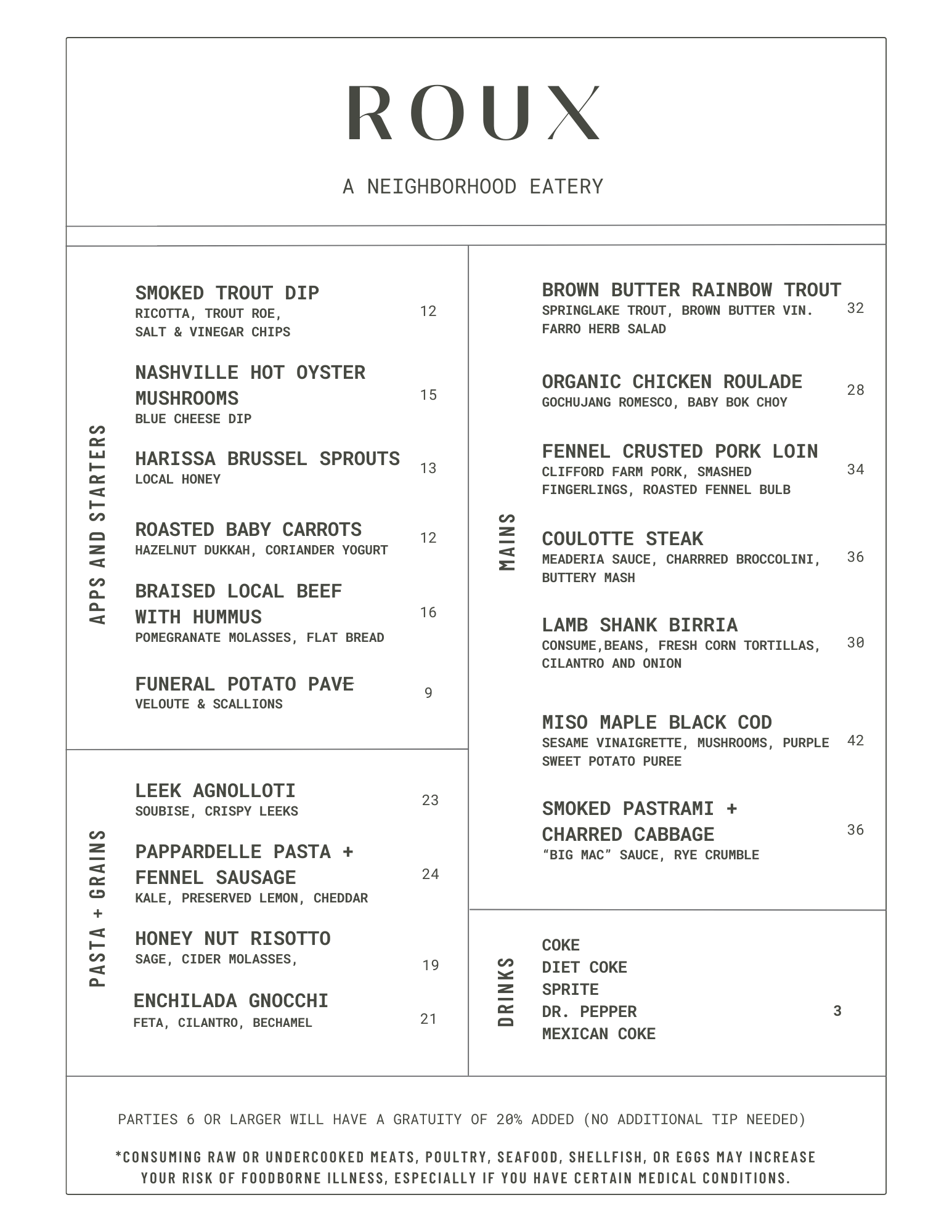 Chez Roux Menu MENU — Roux, slc