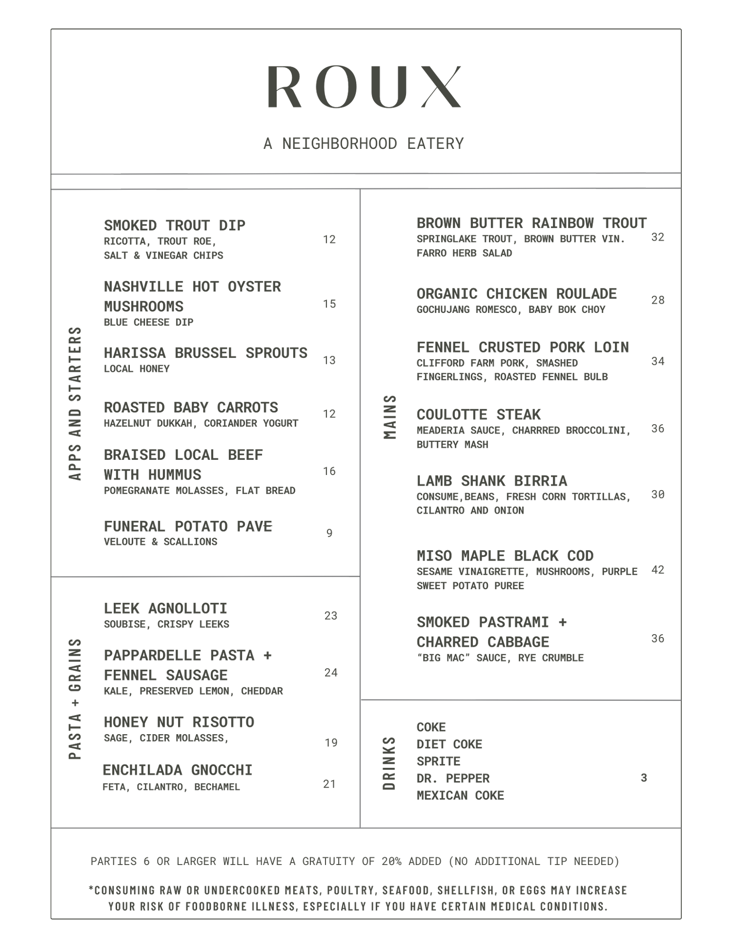 MENU — Roux, slc