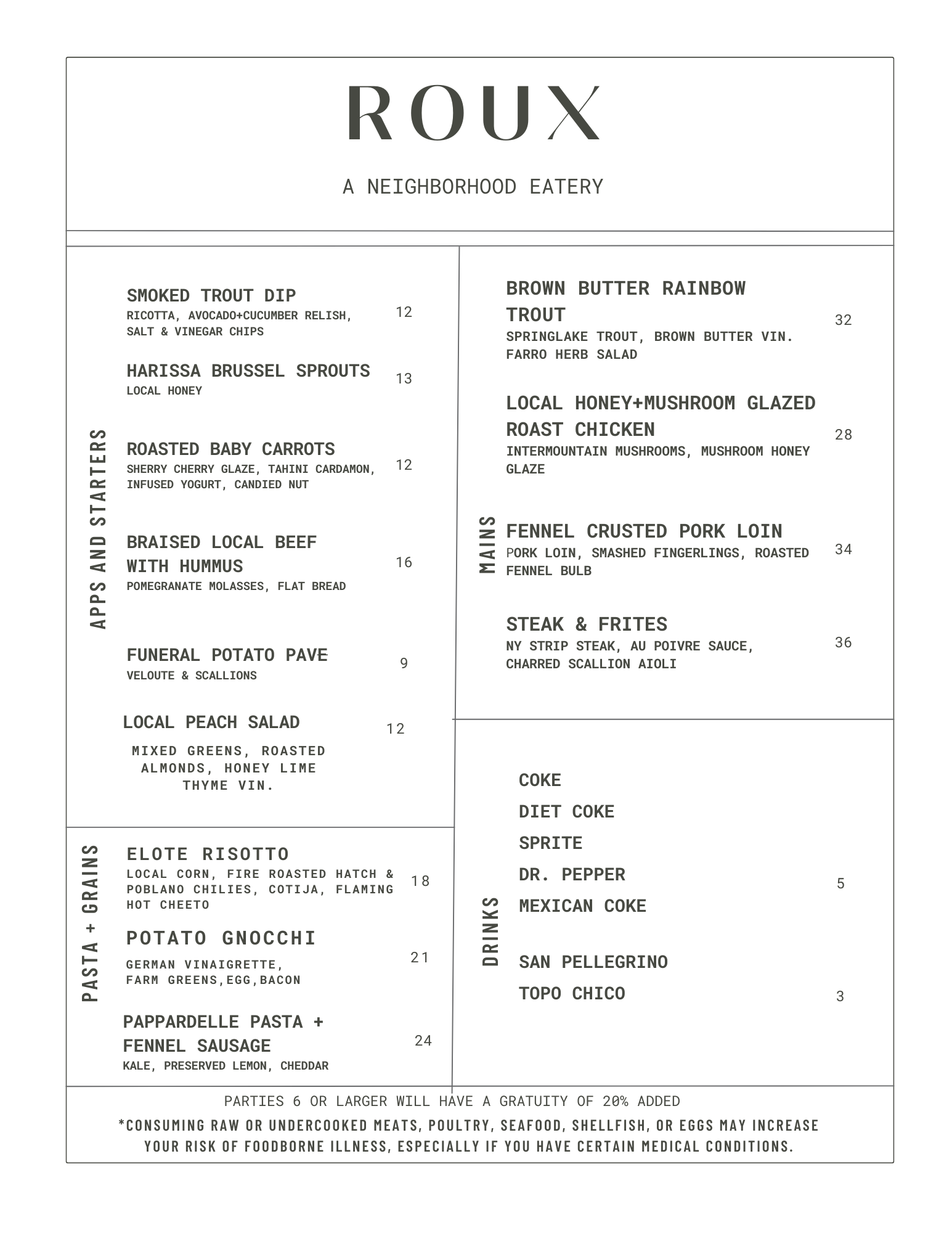 Chez Roux Menu MENU — Roux, slc