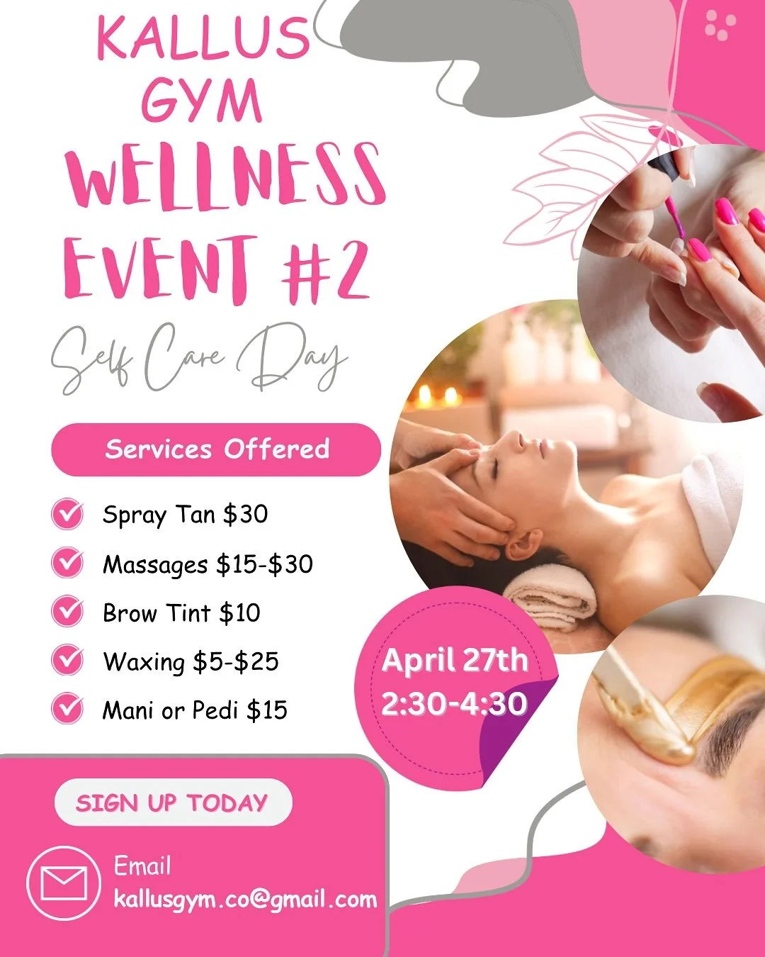 ✨ KALLUS GYM WELLNESS EVENT ✨
Our second Wellness Event is happening Saturday, April 27, from 2:30 to 4:30 PM at Kallus Gym!
We believe that taking care of your body physically is just as important as taking care of it mentally. Sometimes, a little