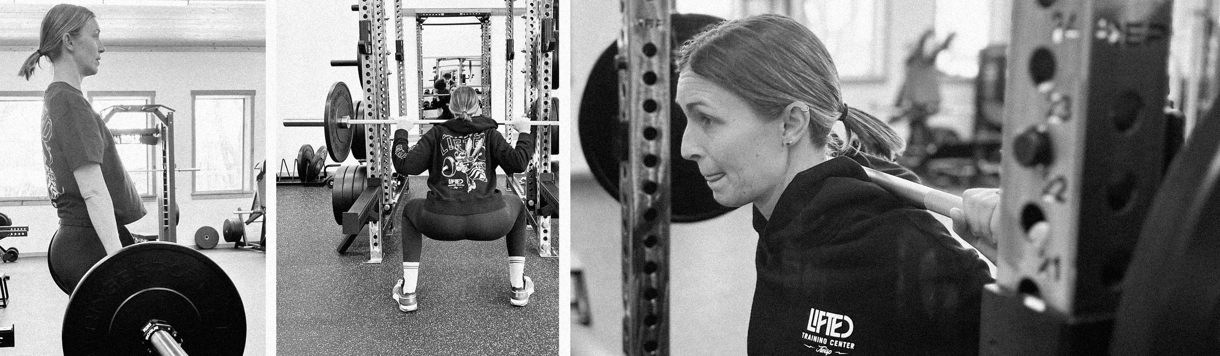 Three women working out at a gym: one standing with a barbell, another performing squats, and a third doing a barbell shoulder press, all in black and white.