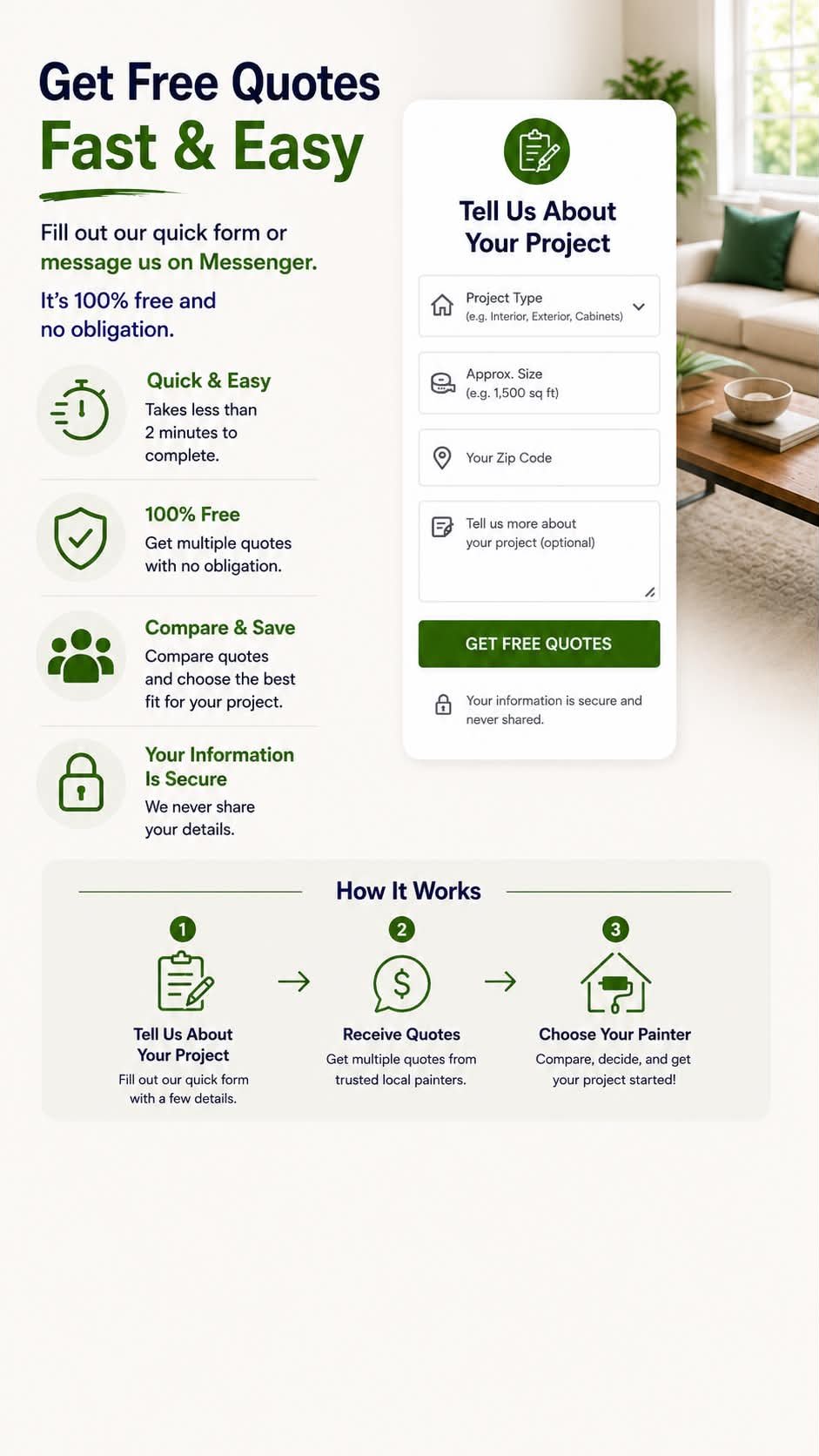 Flyer for free quotes on home projects, highlighting quick, free, secure, and compare features, with a form to enter project details and a three-step process: tell about project, receive quotes, choose painter, set in a bright living room.