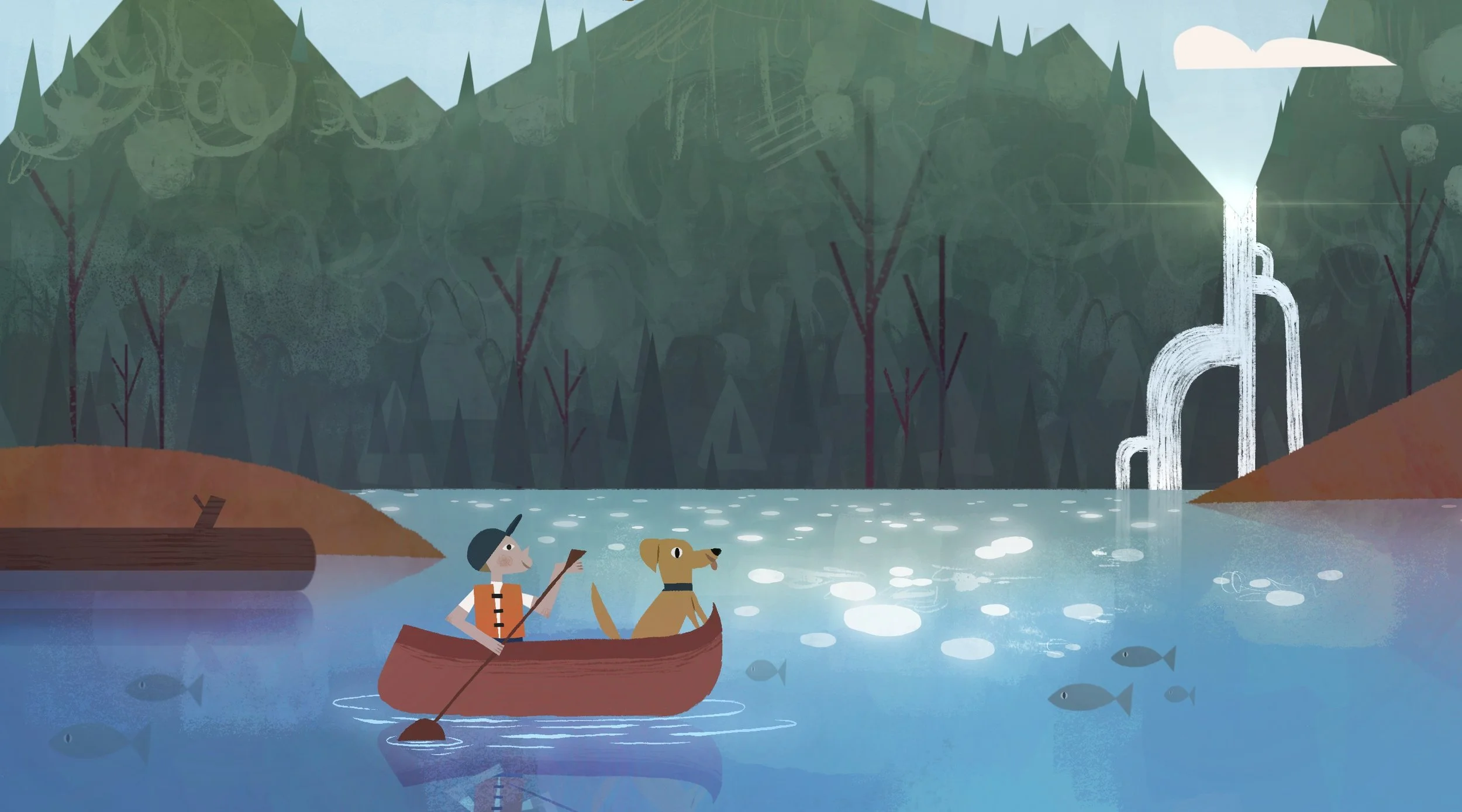 A cartoon illustration of a person and a dog in a canoe on a river, with a forest and a waterfall in the background.