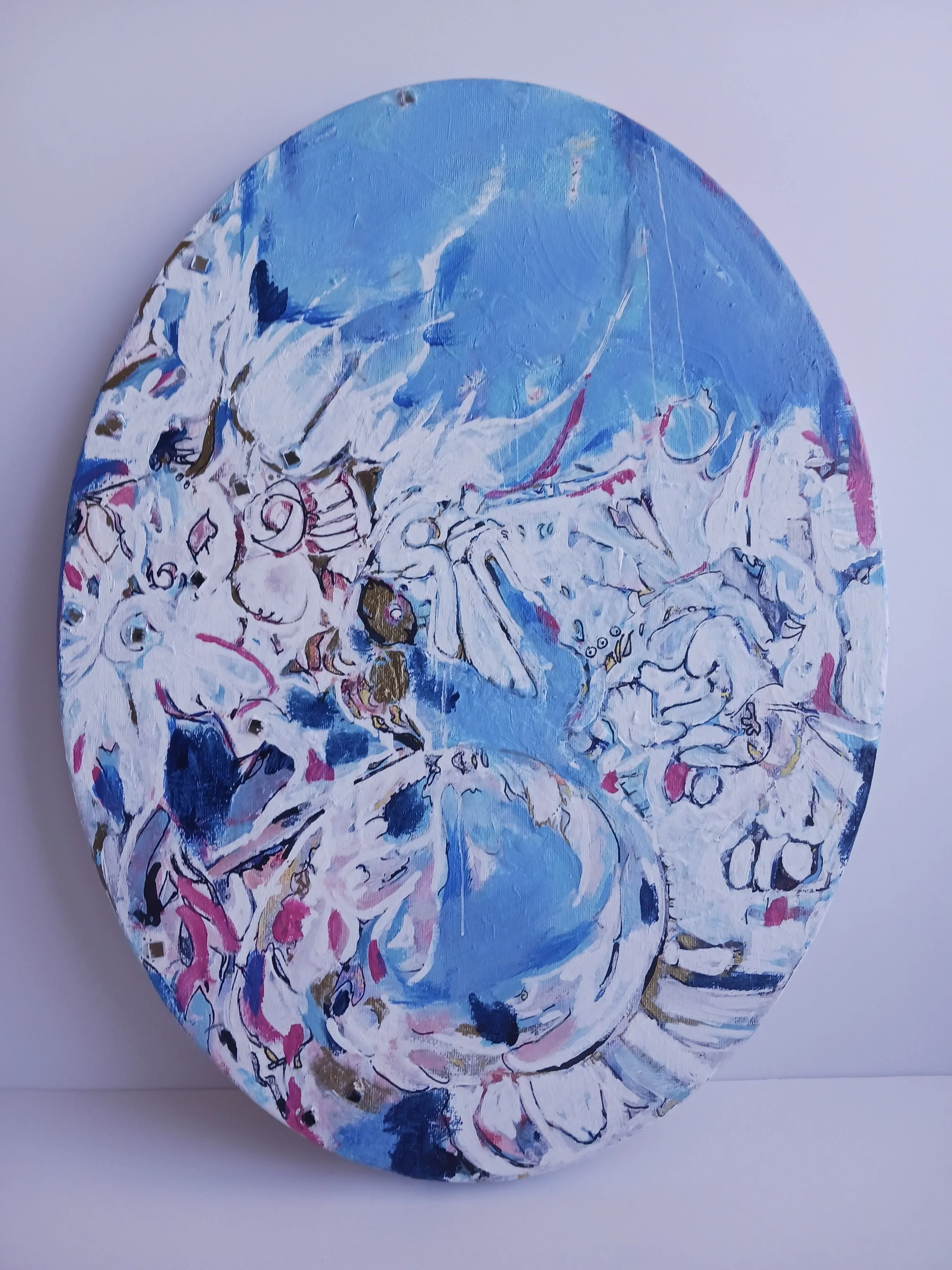 Orb
12x 16
stretched canvas oil
mixed media (acrylic, ink, mirrors, texture medium)