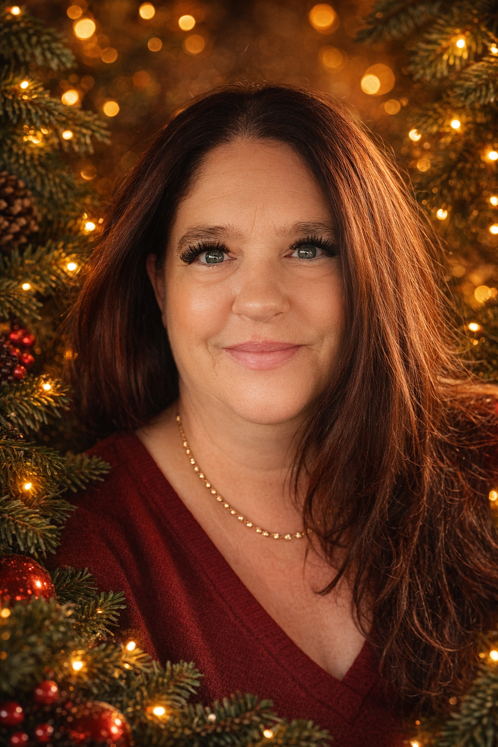 Close-up of a woman with long reddish-brown hair, wearing glasses and a white shirt with a black vest, smiling slightly at the camera in an indoor setting with two computer monitors in the background.