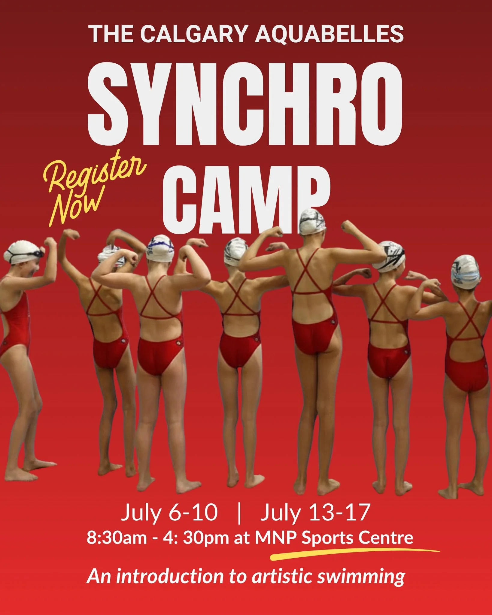 Make a splash this summer with the Calgary Aquabelles 💫

Join us at MNP Sport Centre this July for our Intro to Artistic Swimming Camp, designed for girls ages 6&ndash;12 who love to move, perform and shine in the water.

Swimmers will learn synchro