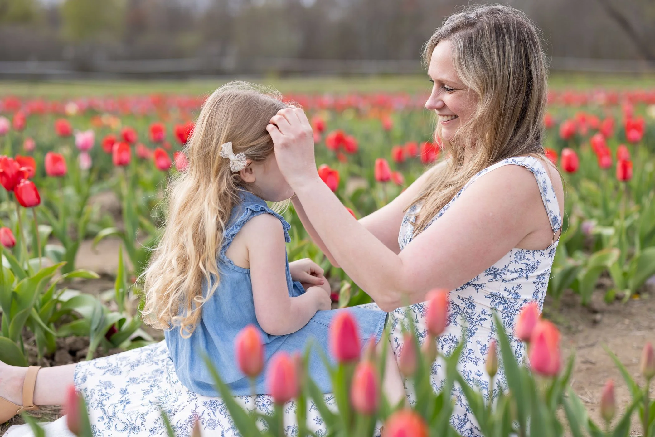 Daughter sits on mom's lap while mom strokes her hair in a blooming tulip field