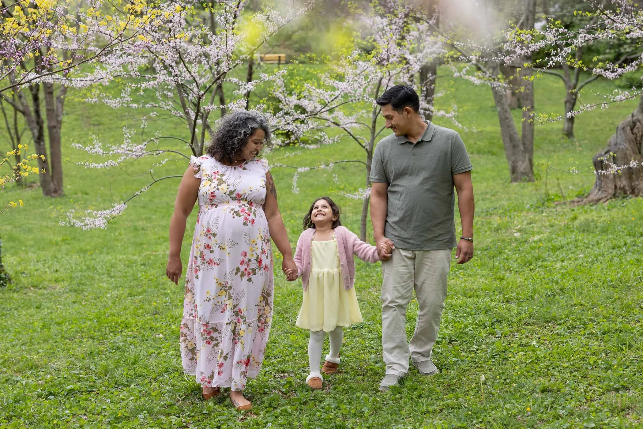 Mom daugher and dad walk hand in hand with pretty trees blooming during spring