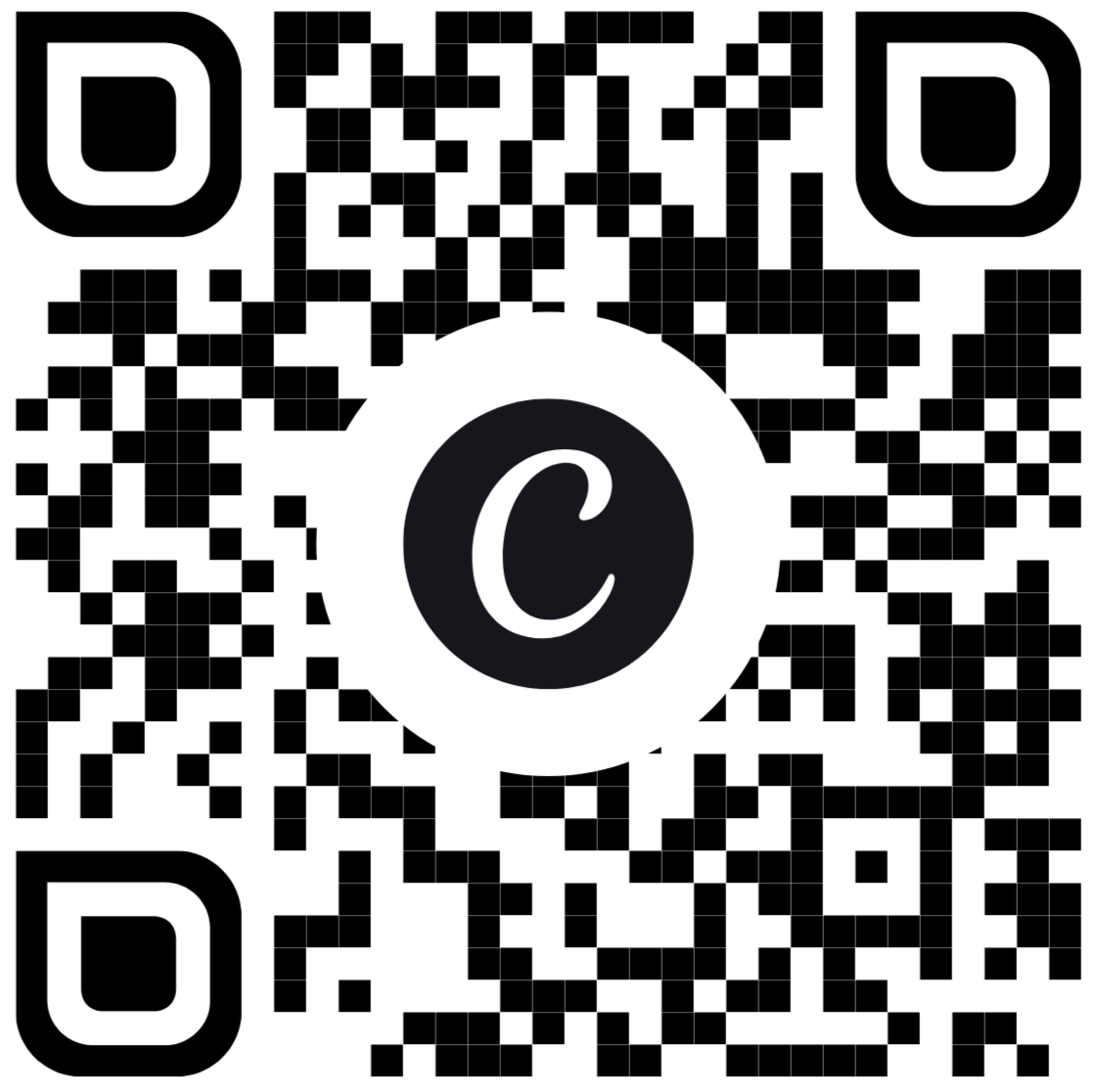 A QR code with a C symbol in the center.