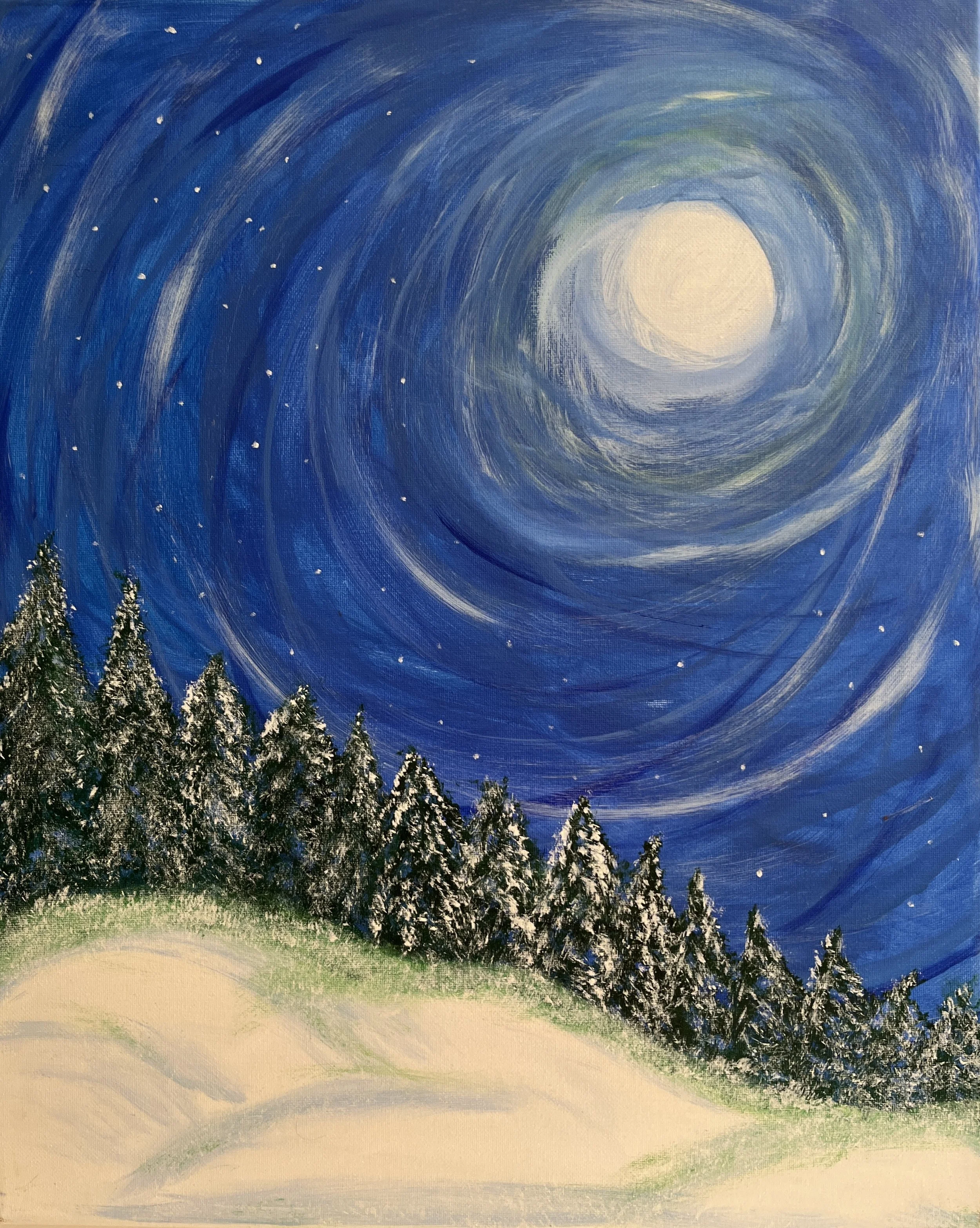 Winter Solstice Acrylic on canvas 16" x 20"
A rare representational piece capturing the quiet magic of a moonlit night — snow sparkling, trees dusted in light, and the hush of winter inviting stillness.