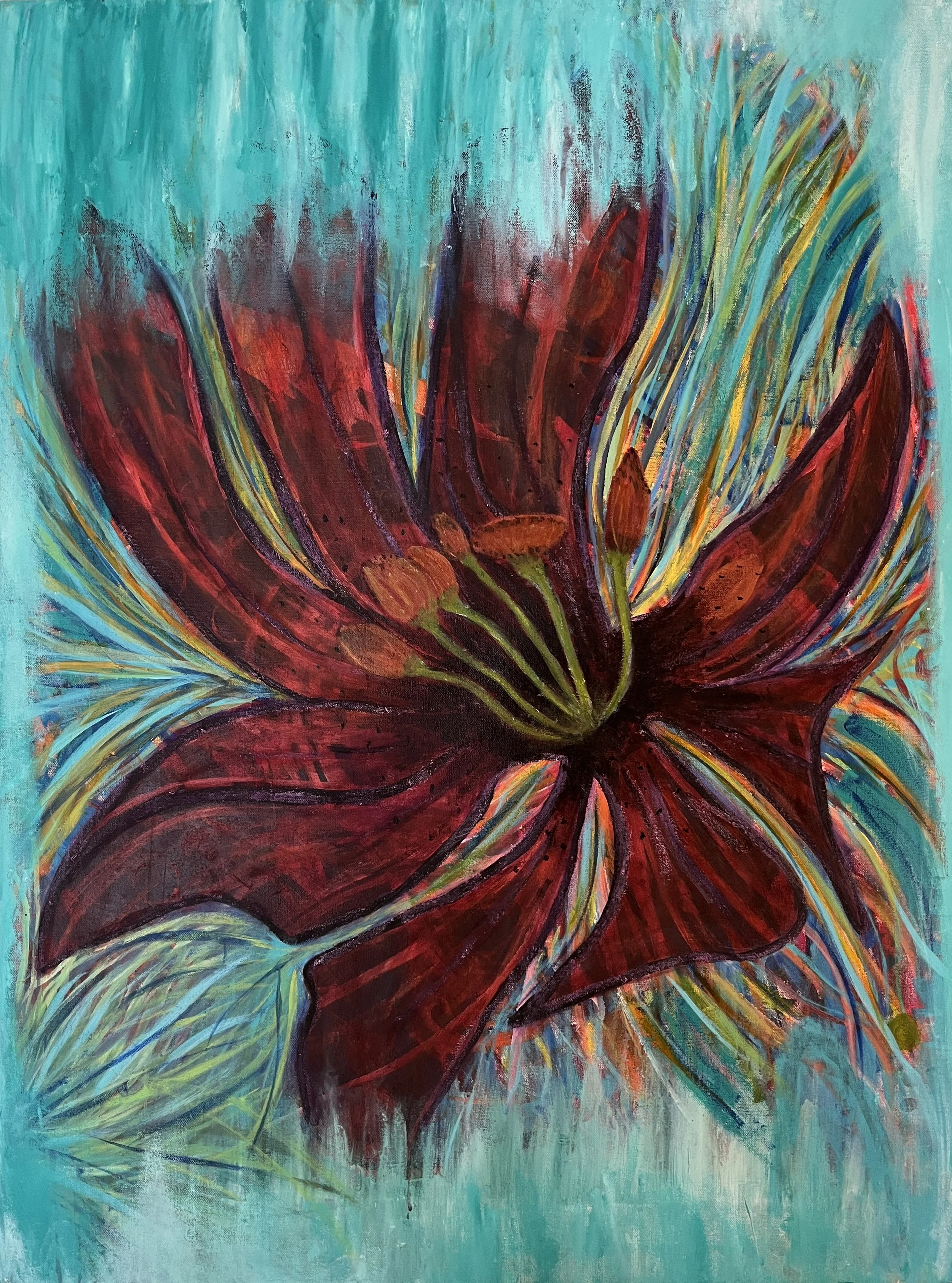 Lily Light 
Acrylic on Canvas 30" x 40"
A bold lily emerges from soft aqua shadows, claiming its space and illuminating the quiet beauty of light and presence.
