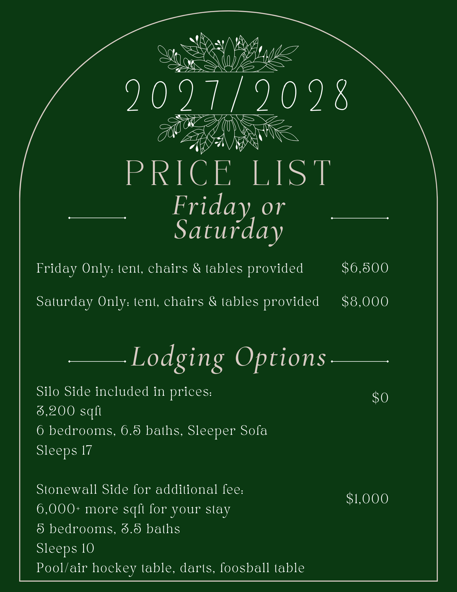 A dark green background with white decorative text and floral elements, listing prices and lodging options, including details about tent and chair provision, square footage, bedrooms, bathrooms, and sleeping capacity for a weekend event.