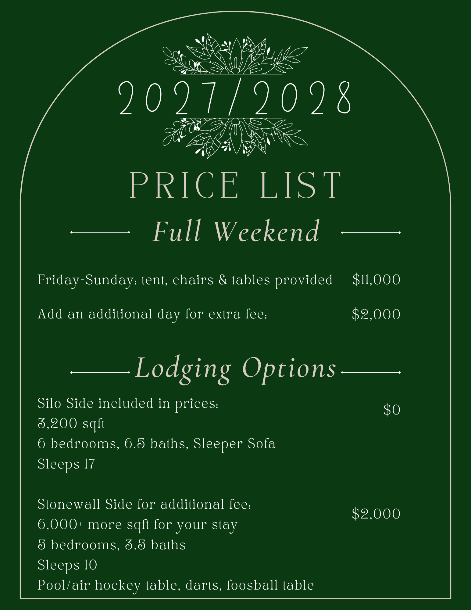 A green sign with white decorative border and foliage design, displaying a price list for a lodging venue for the weekend of July 27-28, 2028. It includes prices, accommodations details, and amenities such as lodging options and additional side fees.
